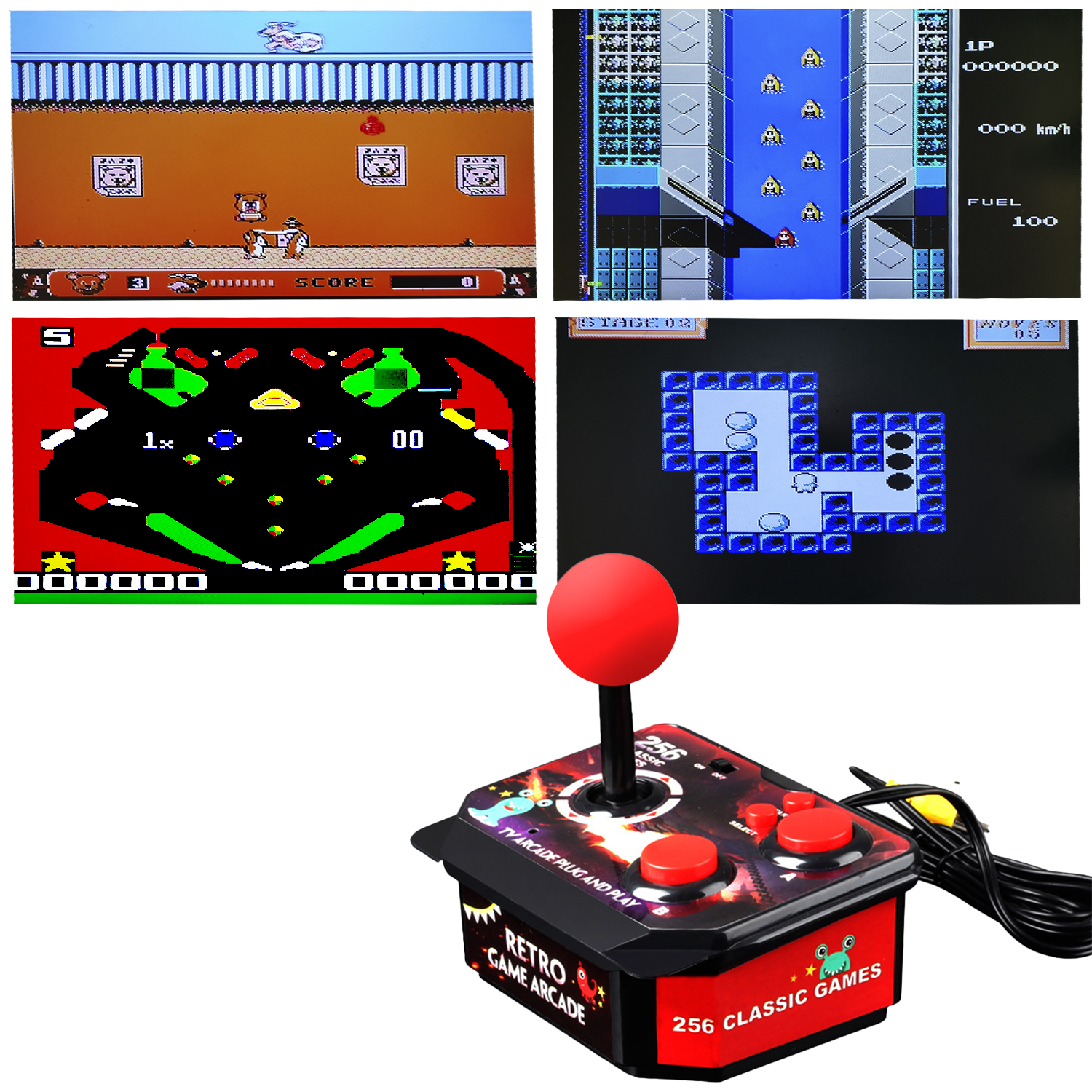 Quattro schermate di videogiochi retrò e un joystick arcade retrò rosso e nero.