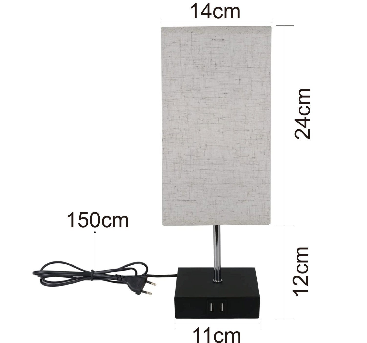 Lampa na białym tle z wymiarami. Lampa ma czarną podstawę, biały klosz.