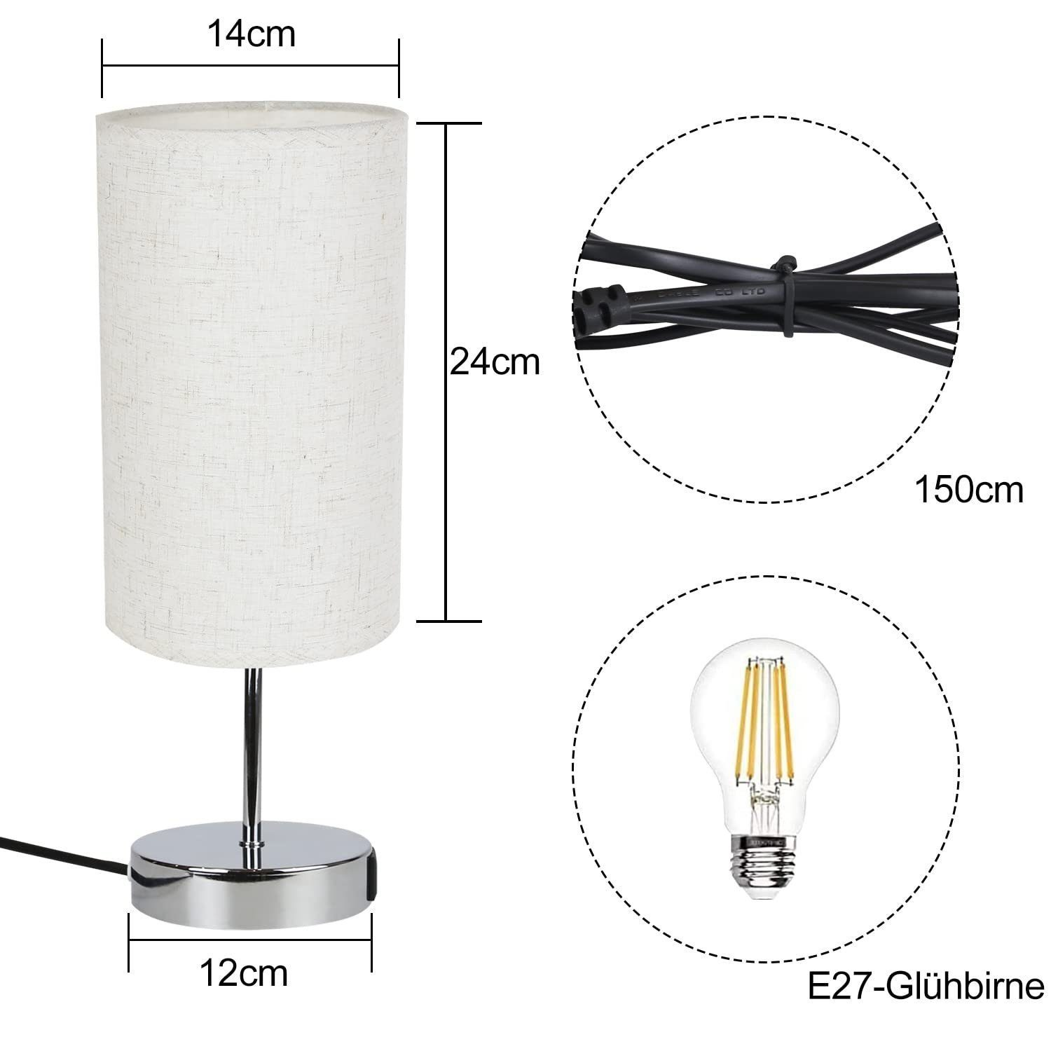 Lampa stołowa z białym cylindrycznym kloszem i chromowaną podstawą. Zawiera wymiary i żarówkę.