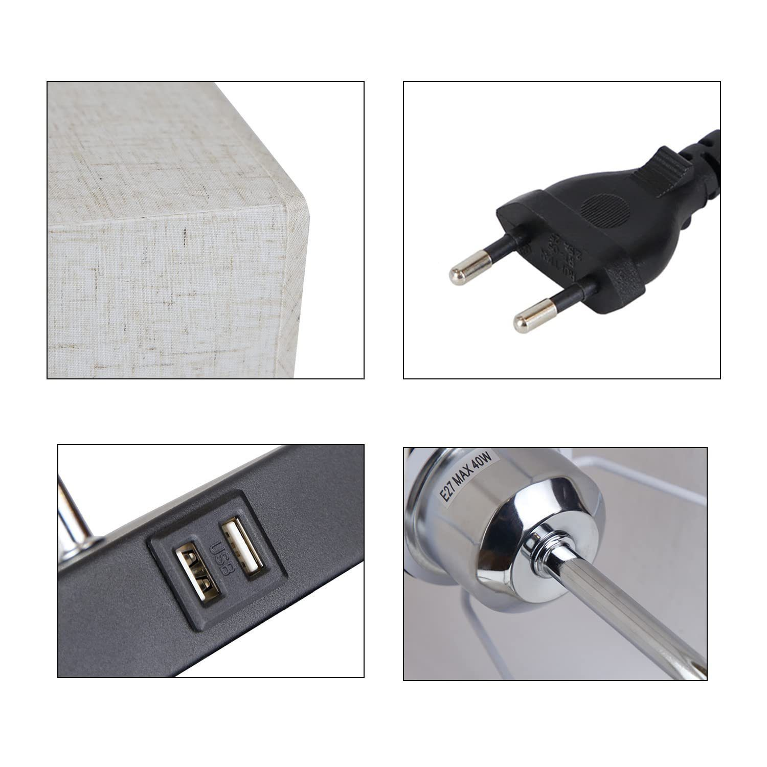 Zbliżenia lampy. Obejmuje lampę, wtyczkę, porty USB i oprawę oświetleniową.