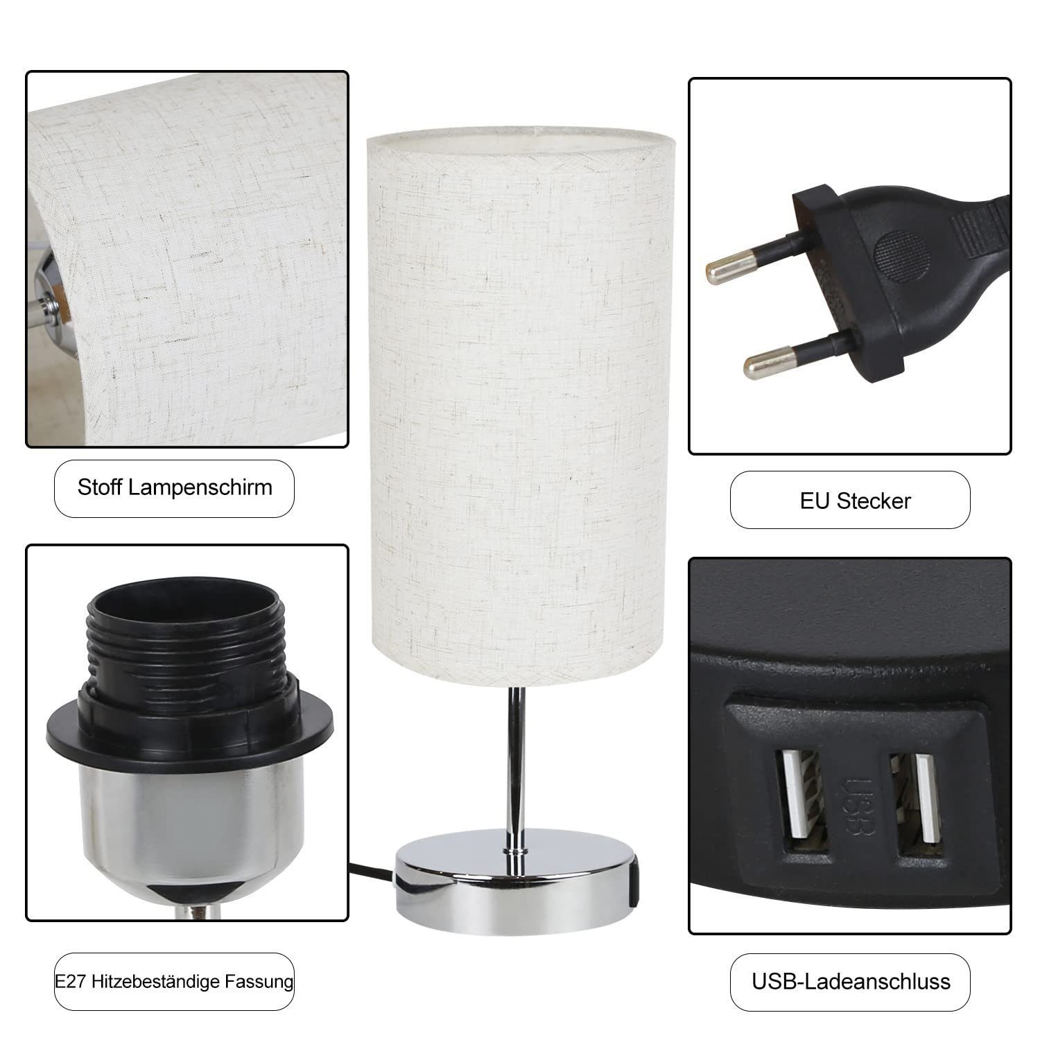 Biały klosz i srebrna podstawa lampy z portem USB. Widoczna wtyczka UE. Etykiety.