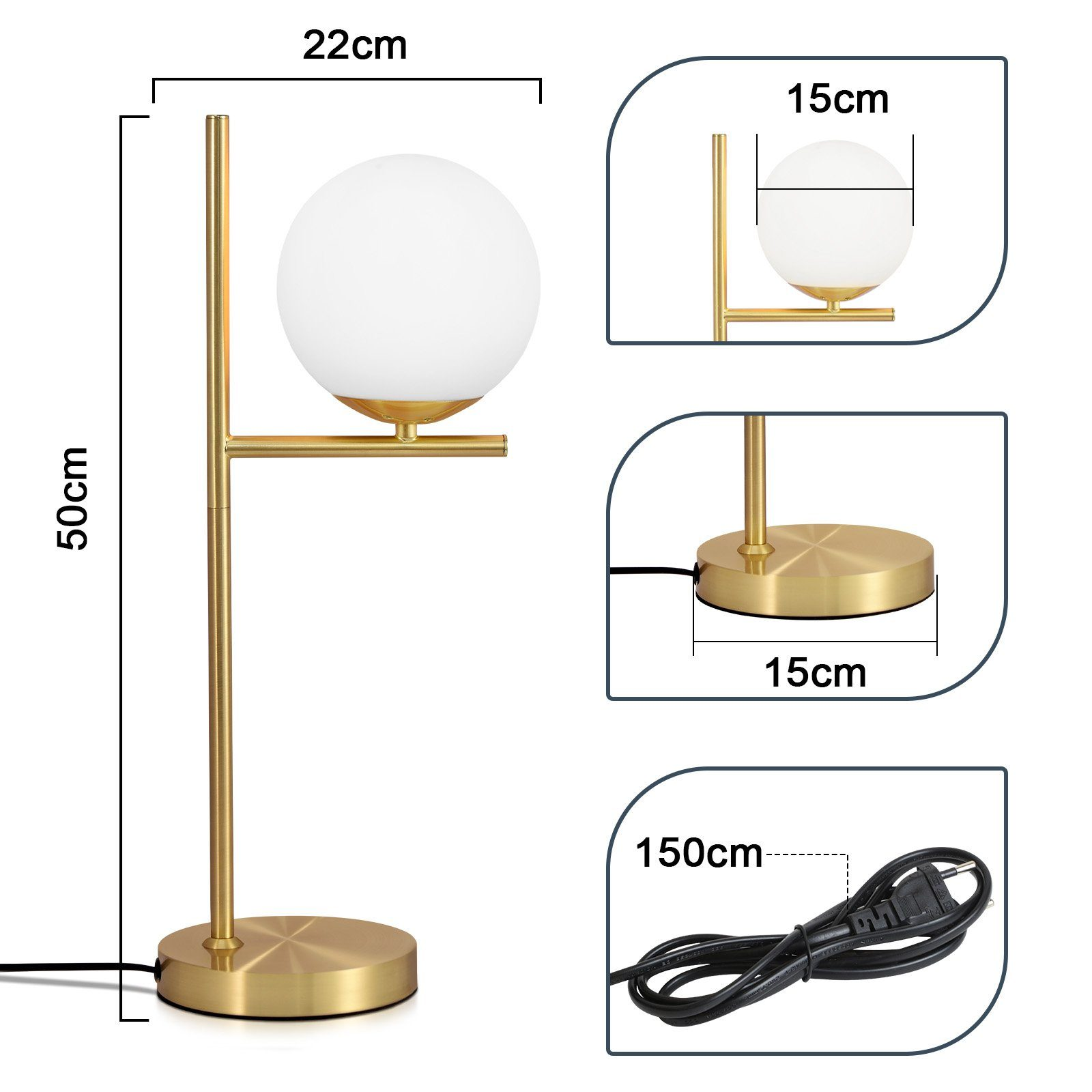 Złota metalowa lampa biurkowa z białą kulą i czarnym przewodem elektrycznym. Wyświetlane wymiary.