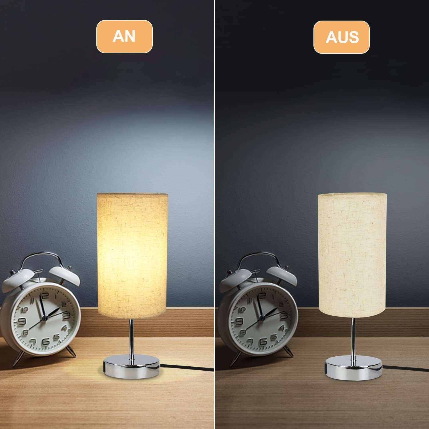 Dwie identyczne lampy, jedna zapalona, na drewnianym stole. Każda ma biały abażur.