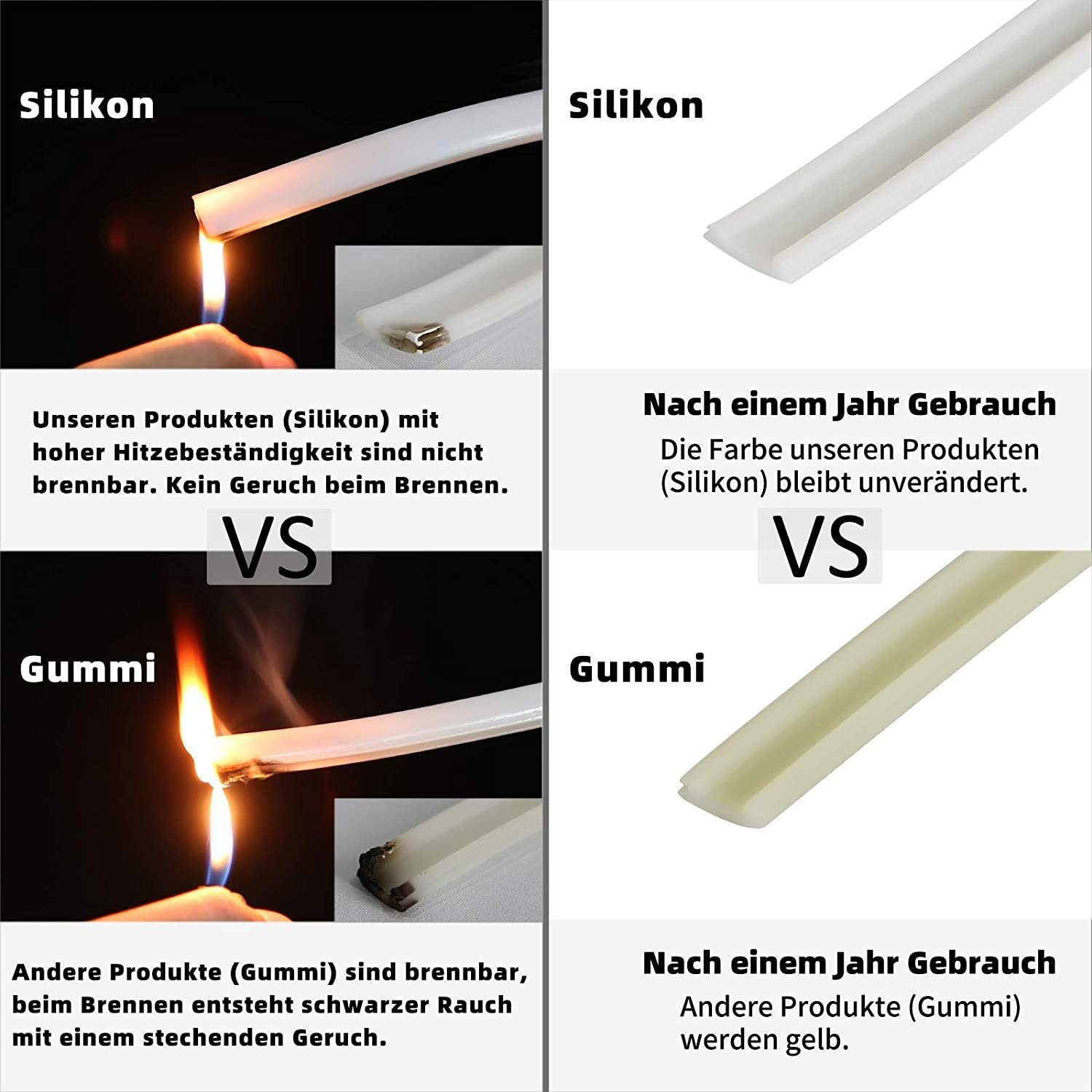 Porównanie silikonu i gumy, pokazujące spalanie z dymem i zmiany kolorów.