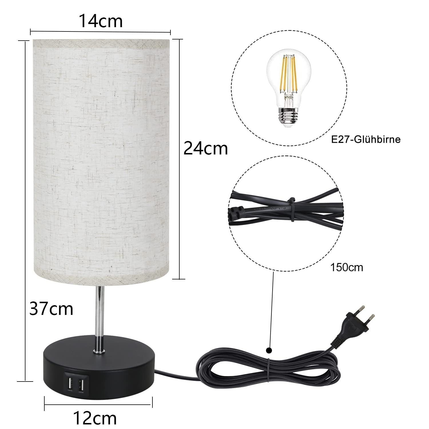 Czarna lampa z białym kloszem. Pokazano wymiary. W pobliżu widoczny przewód zasilający, żarówka i wtyczka.