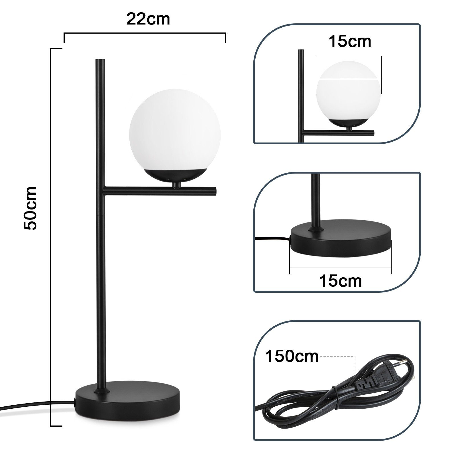 Czarna lampa biurkowa z białym światłem kulistym i wymiarami zaznaczonymi na białym tle.