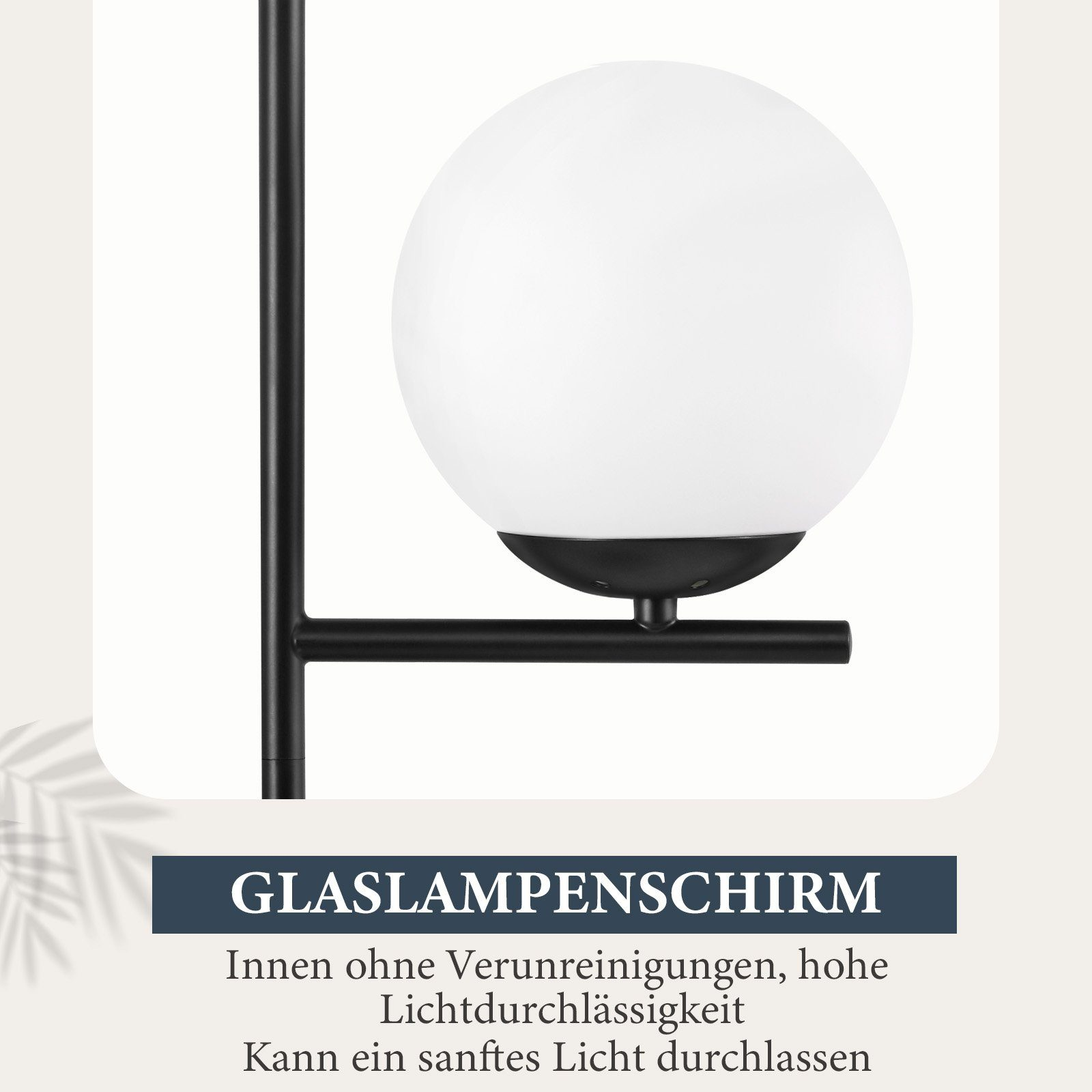 Czarna lampa z białą kulą, nakładka tekstowa. Białe tło.