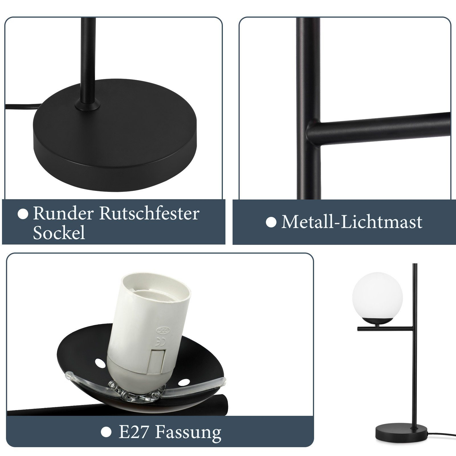 Czarna lampa, okrągła podstawa, metalowy maszt świetlny, gniazdo E27 i biała kula.