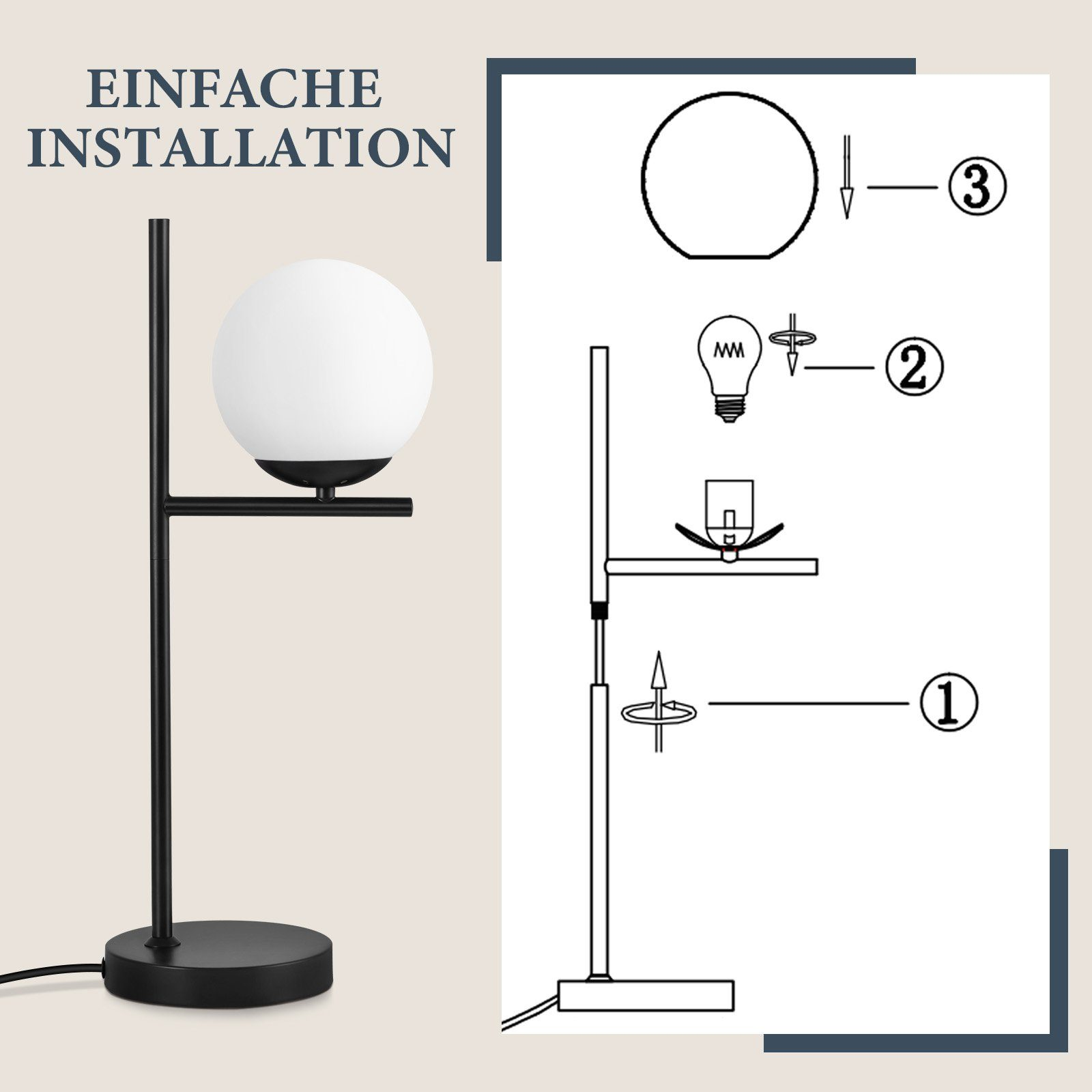 Czarna lampa stołowa z białą żarówką kulistą i schematem instalacji.