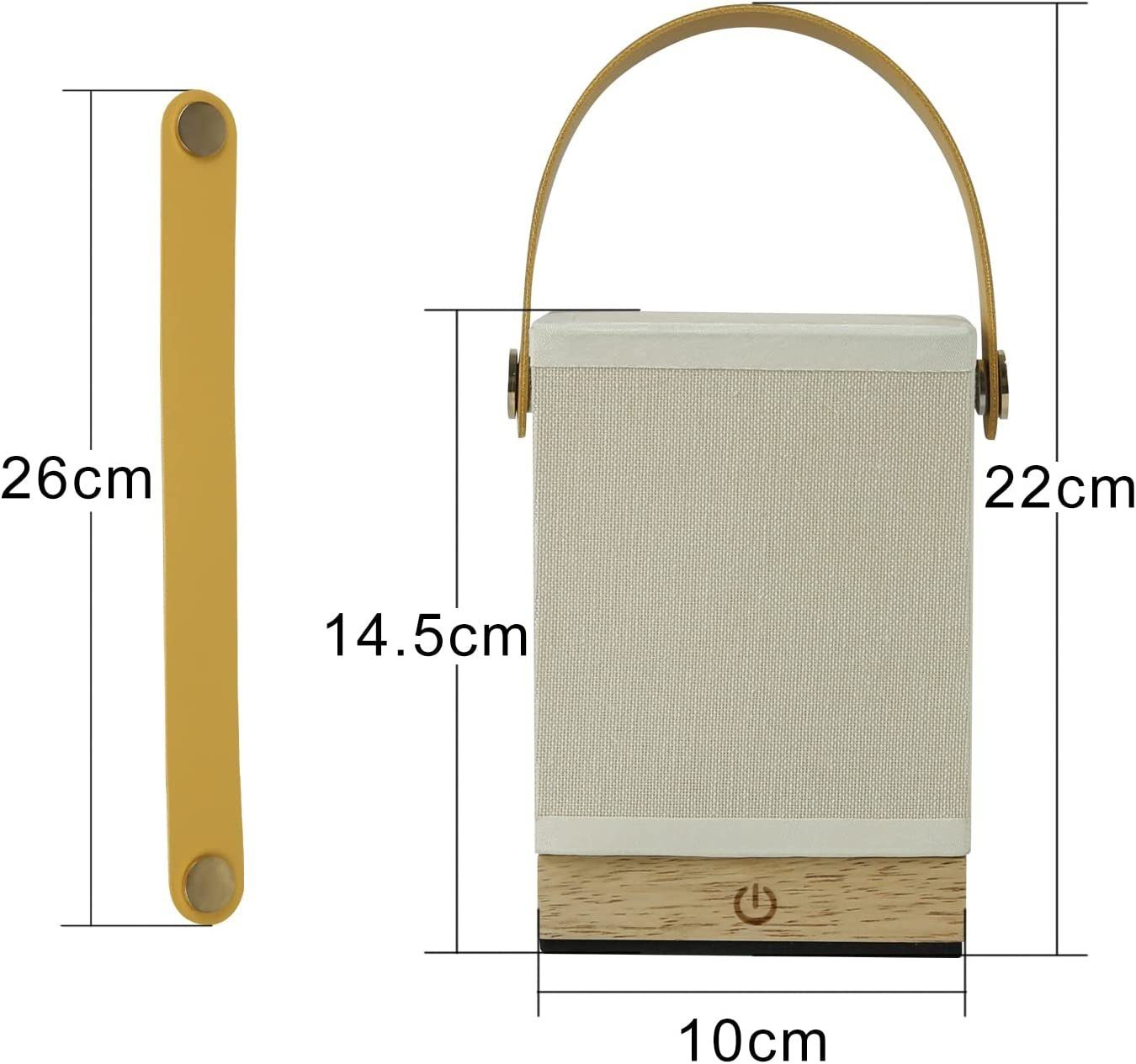 Prostokątny głośnik z wymiarami, uchwytem i drewnianą podstawą. Mały pasek znajduje się z boku.