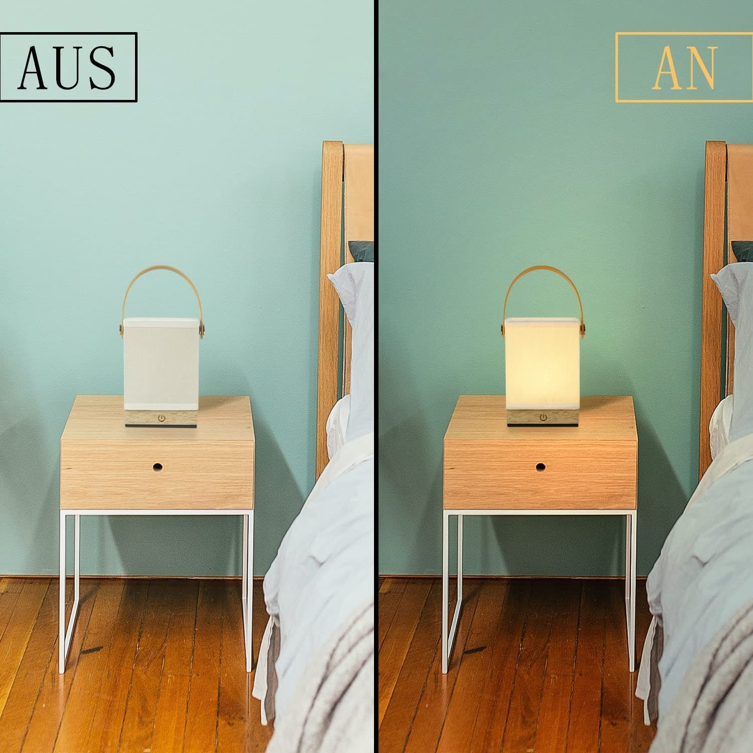 Dwa stoliki nocne, każdy z lampą, jeden zapalony, z etykietami 'AUS' i 'AN' nad nimi.