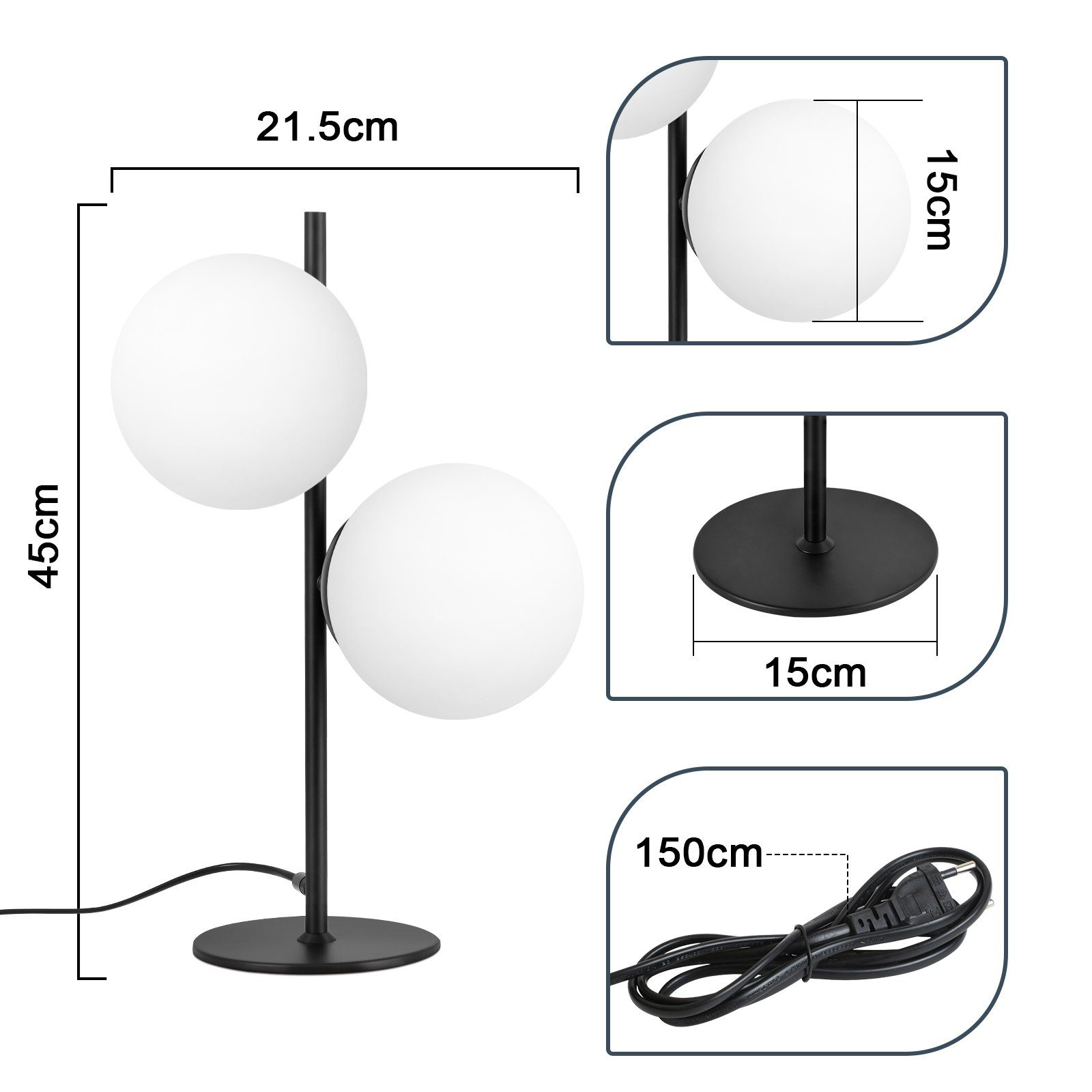 Biała lampa w kształcie kuli z czarnym stojakiem. Wymiary to 45 cm wysokości i 21,5 cm szerokości.