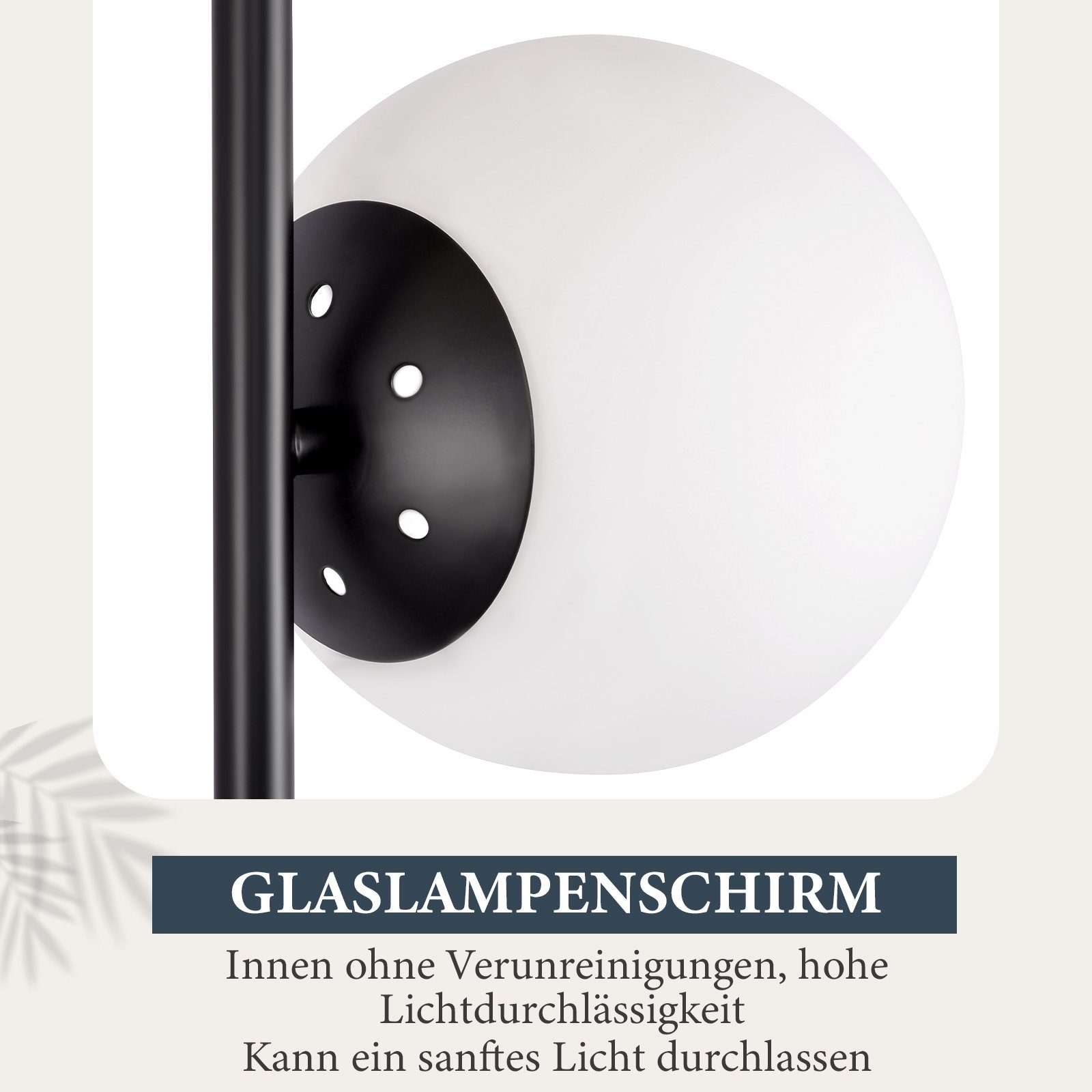 Nowoczesna lampa z białą kulą i czarnym stojakiem. Tekst brzmi 'GLASLAMPENSCHIRM'.