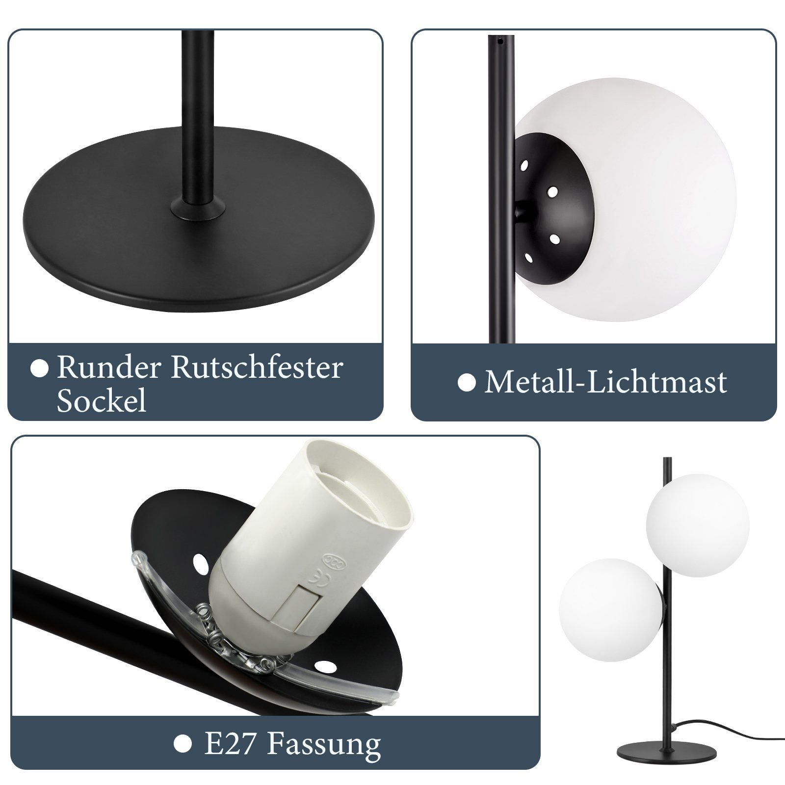 Szczegóły lampy podłogowej: podstawa, oprawa oświetleniowa i mocowanie żarówki, czarne.