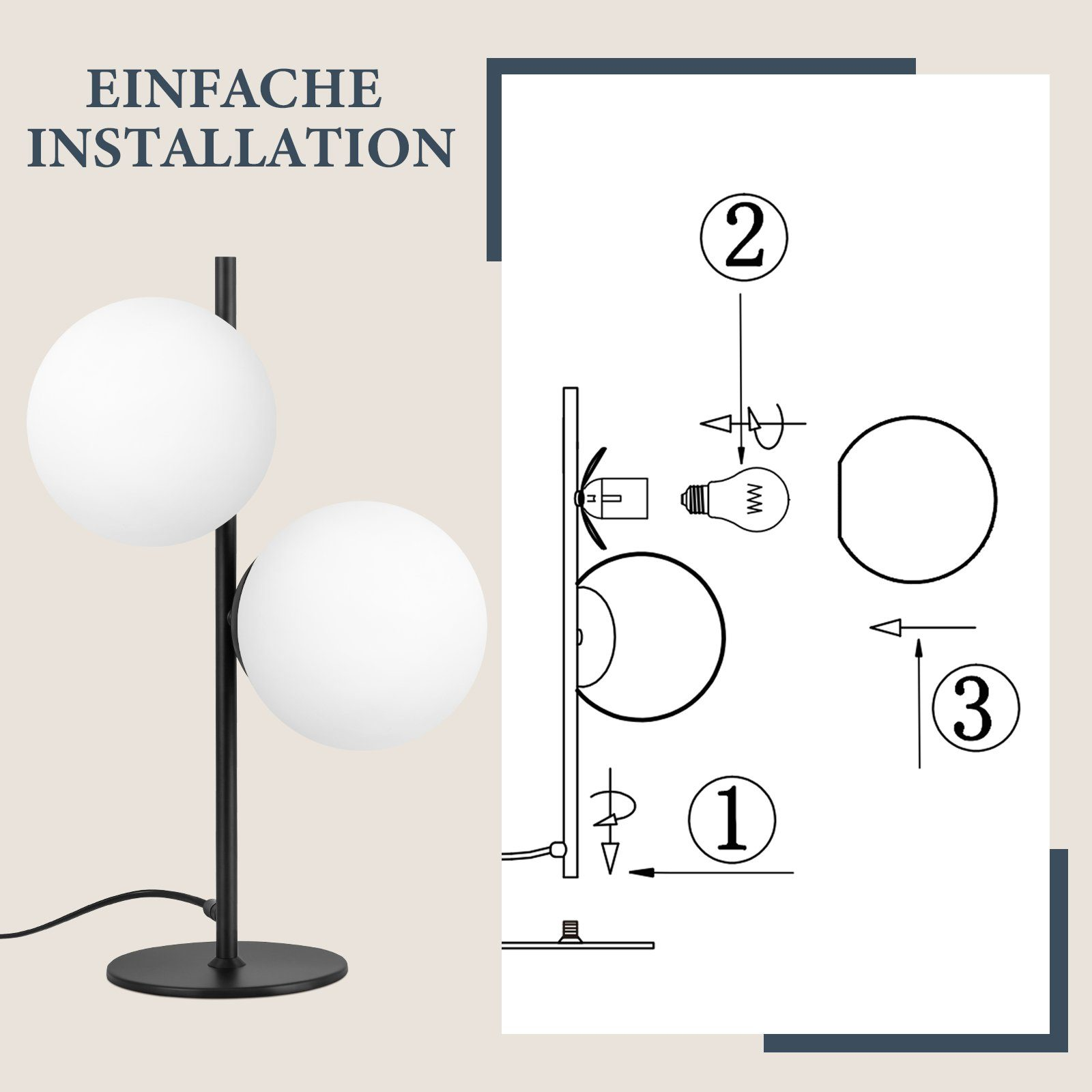 Lampa z dwoma białymi kloszami w kształcie kuli i czarnym stojakiem. Obok instrukcje i schematy.