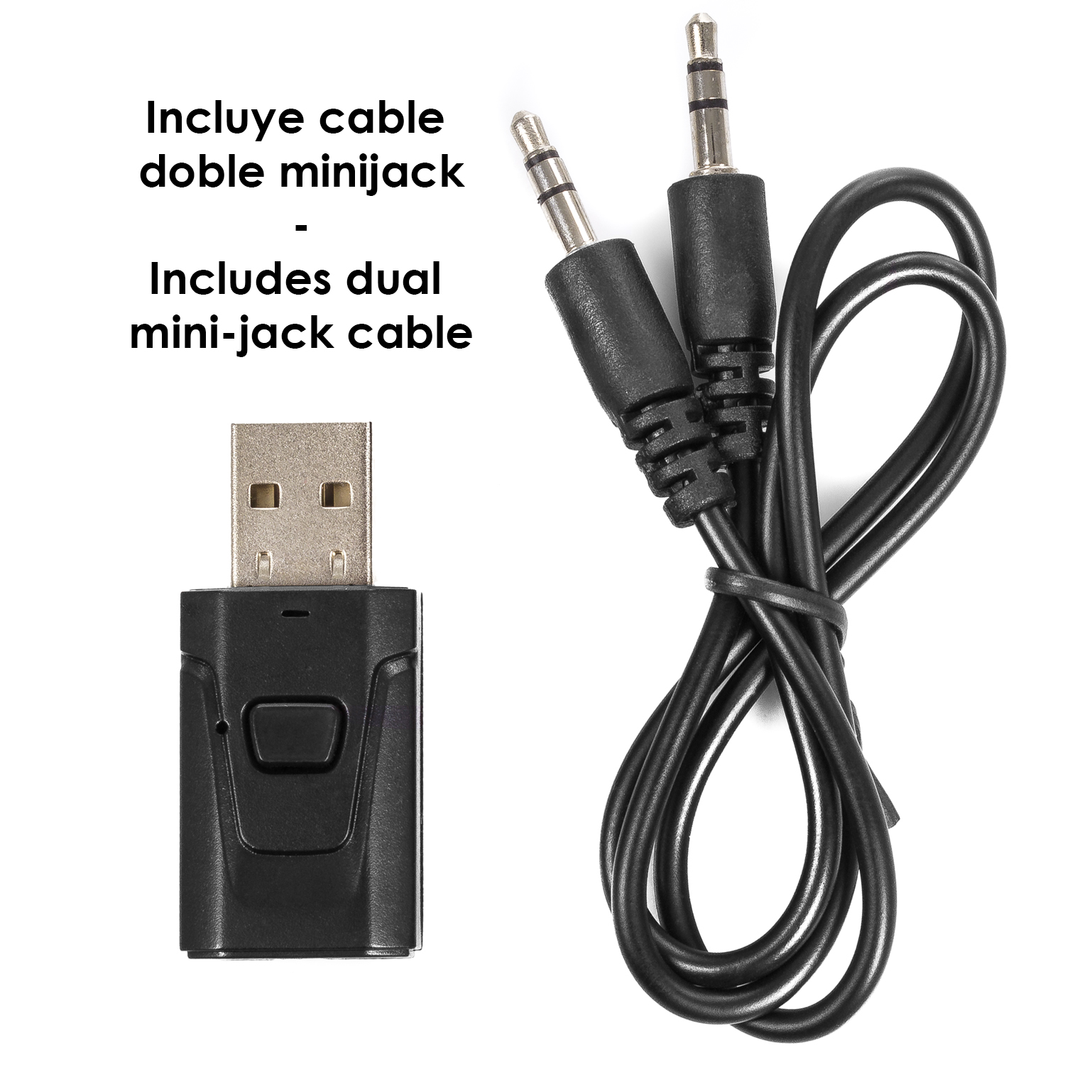 Adaptador USB negro con dos cables minijack, el texto incluye "cable minijack doble". Fondo blanco.