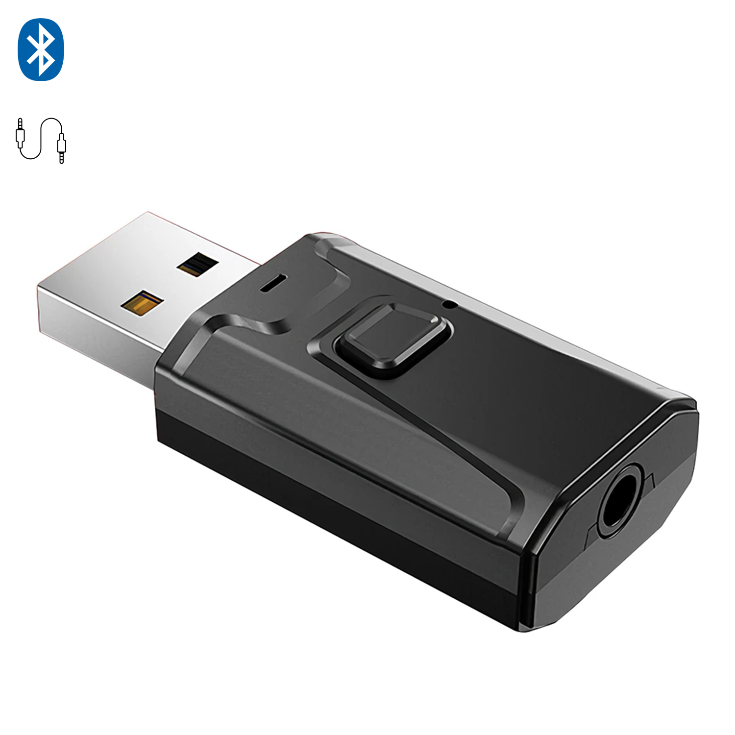 Adaptador Bluetooth USB negro con conector para auriculares.