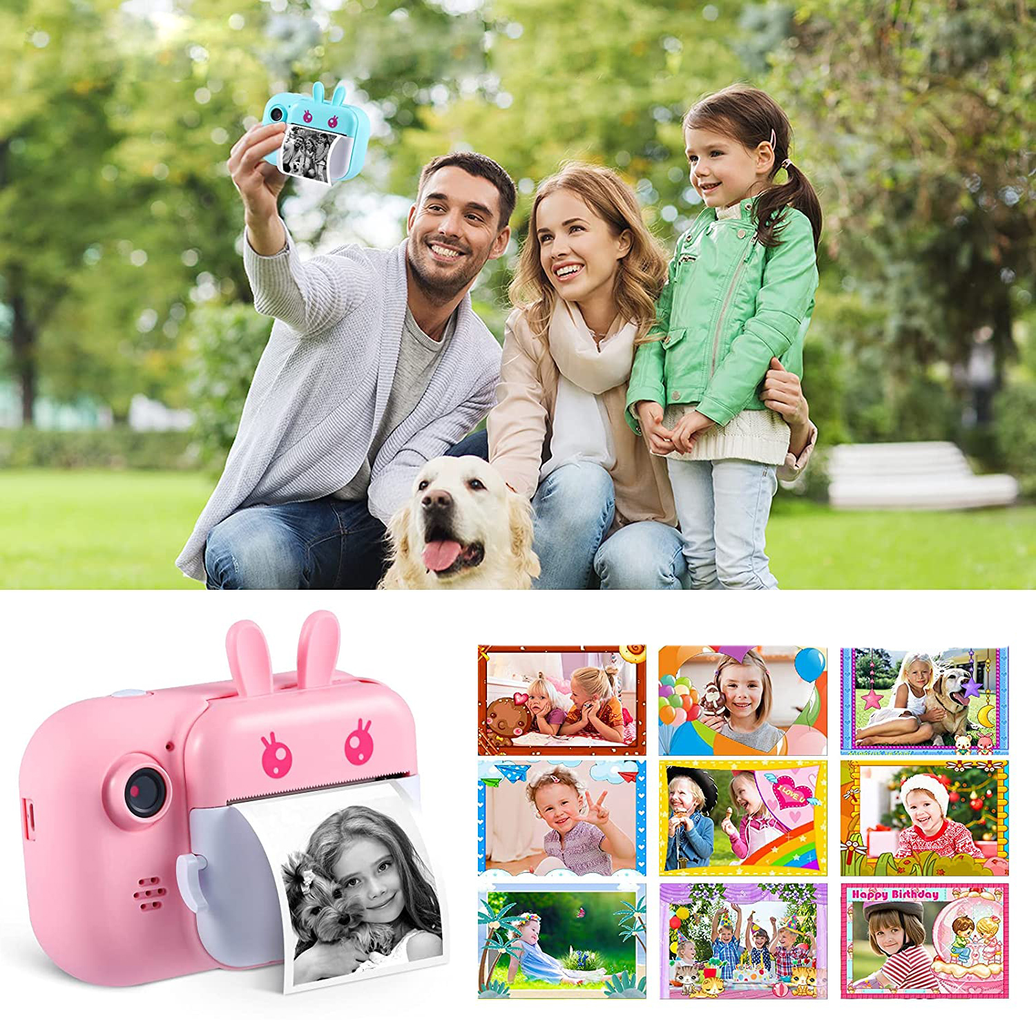 Familia tomando una foto con una cámara instantánea azul. Se muestran fotos y cámara adicionales.