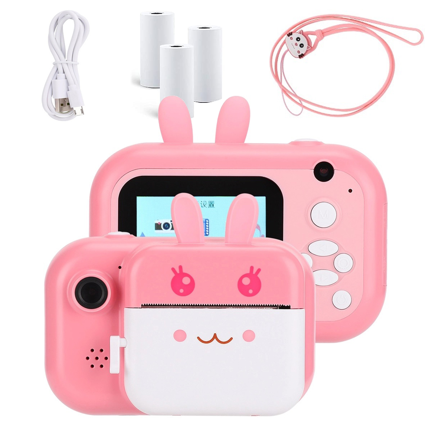 Cámara de impresión instantánea rosa con forma de conejo, con accesorios como cable USB y rollos de papel.