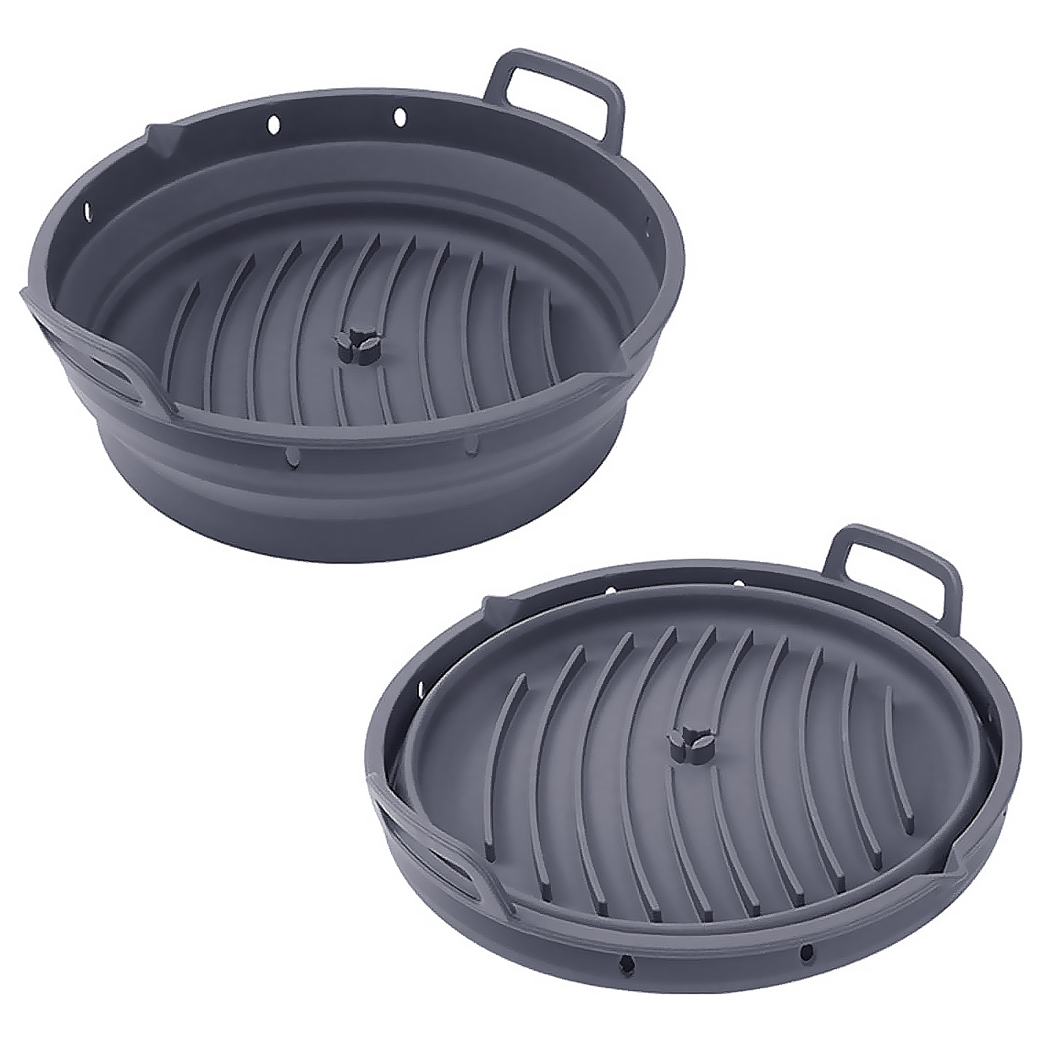 Dos cestas de silicona grises y plegables para freidora de aire.