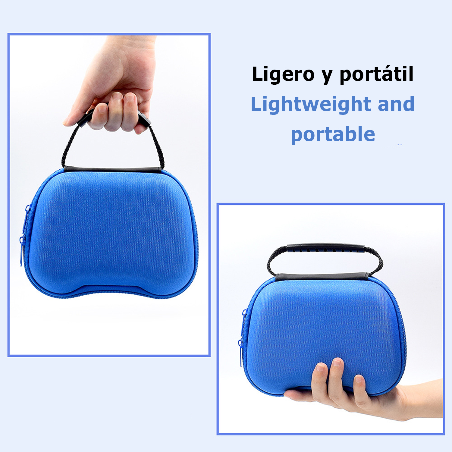 Estuche azul, ligero y portátil sostenido por una mano. Texto: "Ligero y portátil".