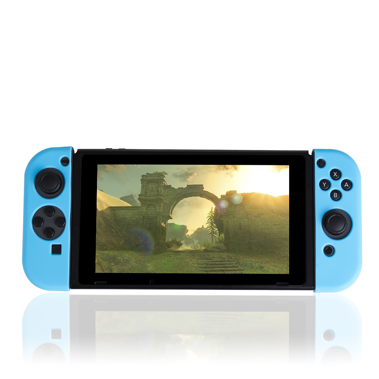 Una Nintendo Switch azul con un juego en la pantalla. Los controladores a cada lado son azules.