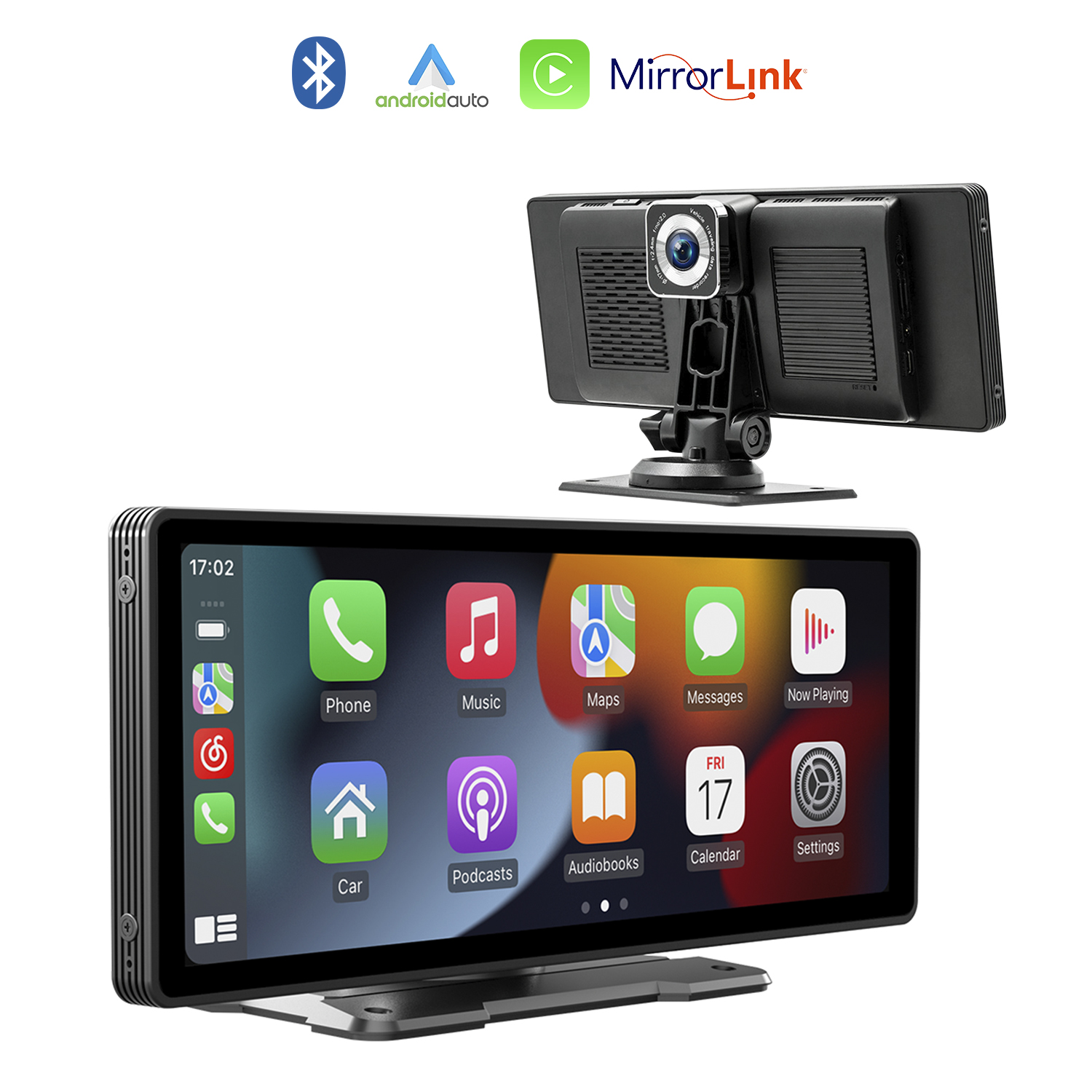 Sistema multimedia para automóvil con una pantalla que muestra iconos de aplicaciones. Muestra logotipos de Bluetooth, Android Auto y MirrorLink.