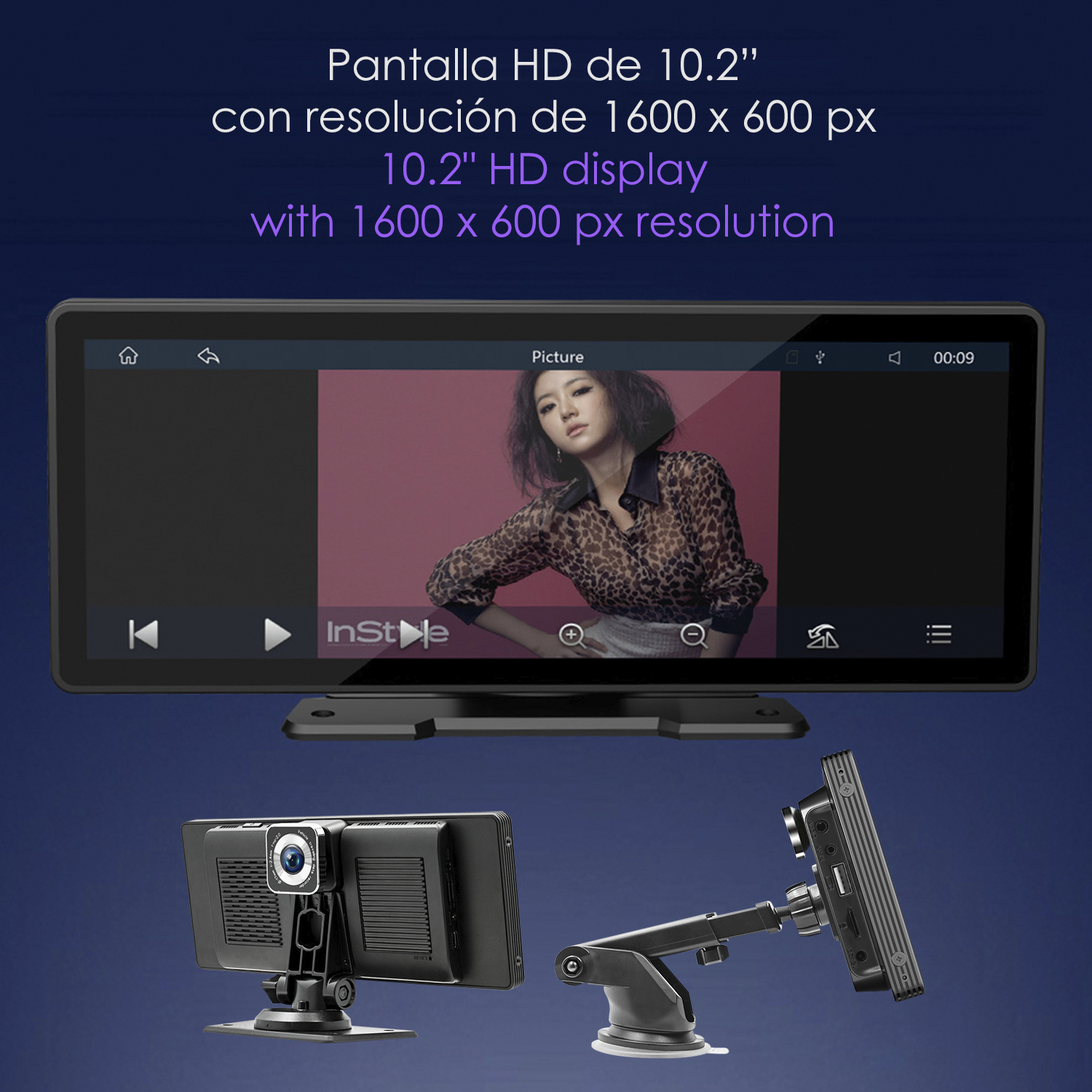 La pantalla muestra una mujer, y la cámara y el soporte están debajo.