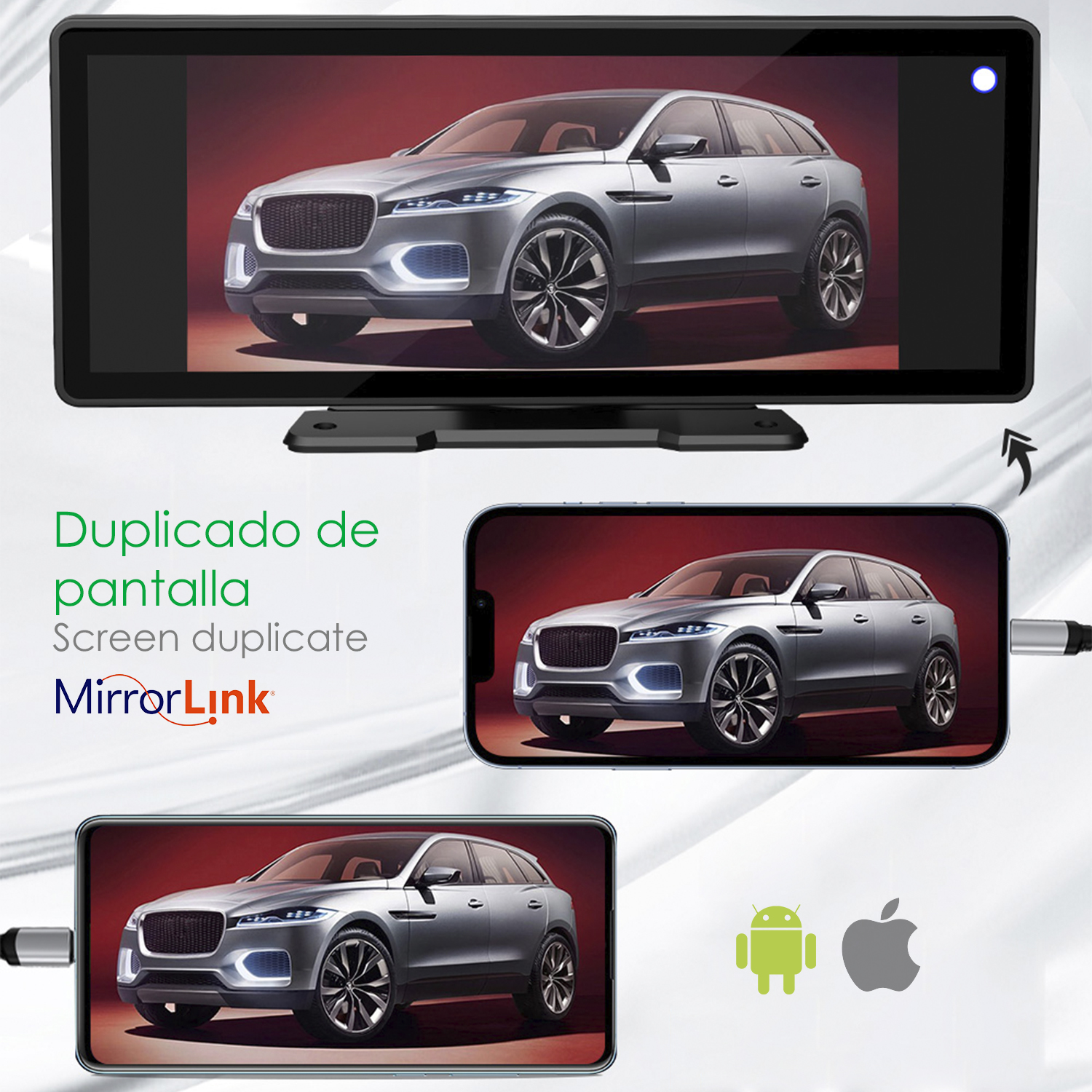 Una pantalla duplica el contenido de un teléfono. El coche en la pantalla y los teléfonos se ven iguales.