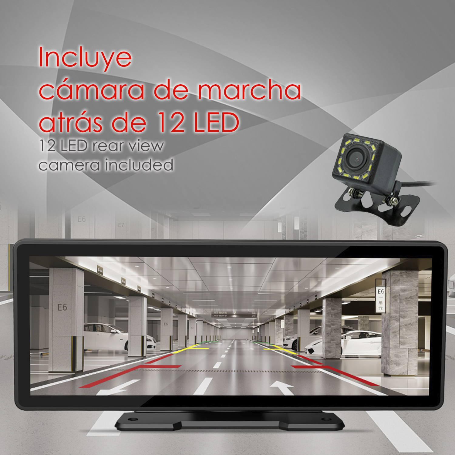La imagen muestra la pantalla de la cámara de marcha atrás de un coche, mostrando un garaje y la cámara incluida.