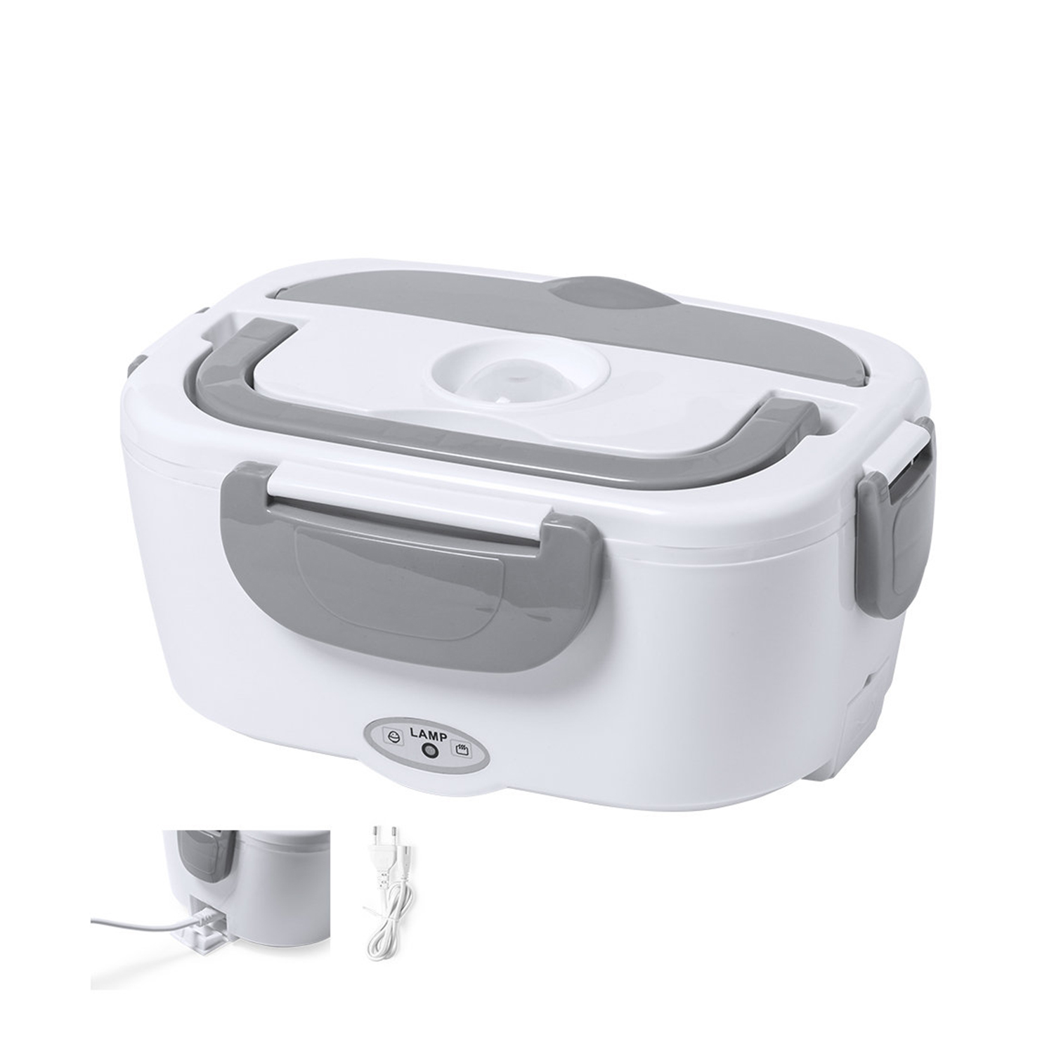 Una fiambrera eléctrica blanca y gris con asa y panel de control.