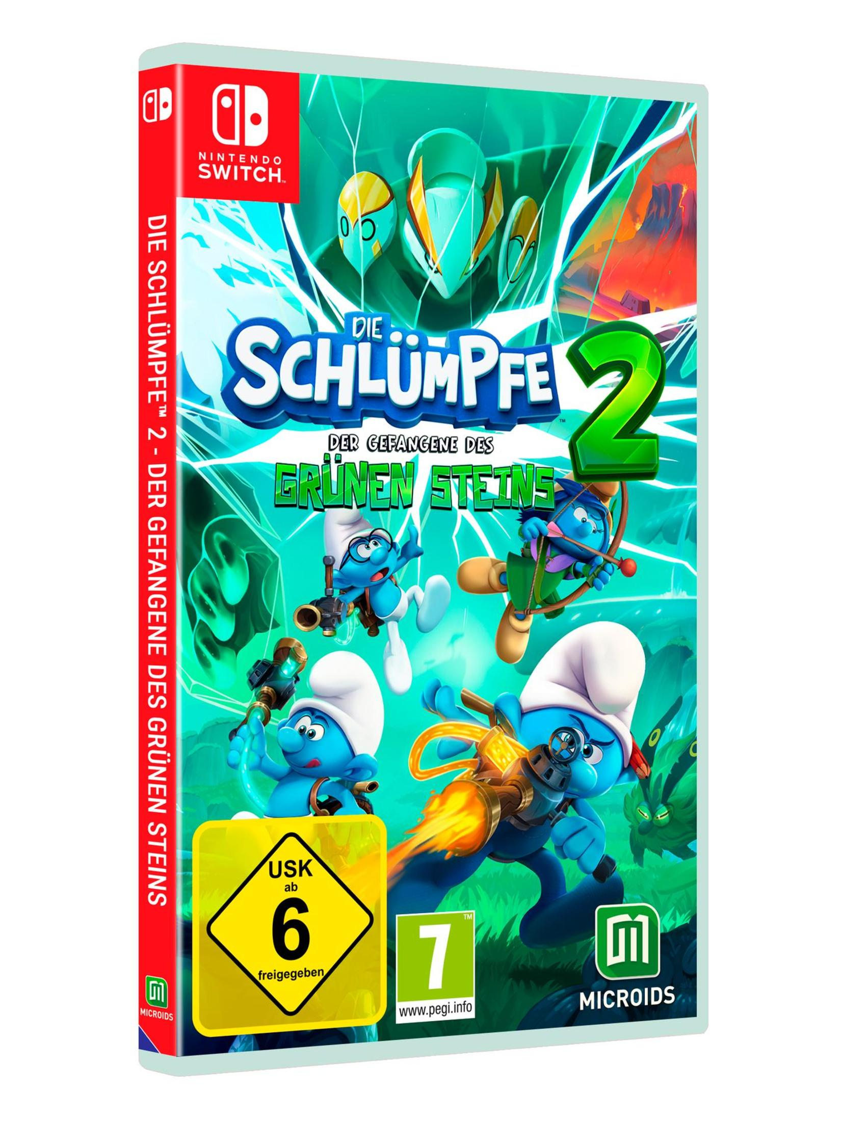 Nintendo Switch-Spielbox für Schlümpfe 2. Buntes Cover mit Schlümpfen und Titel in Weiß und Blau.