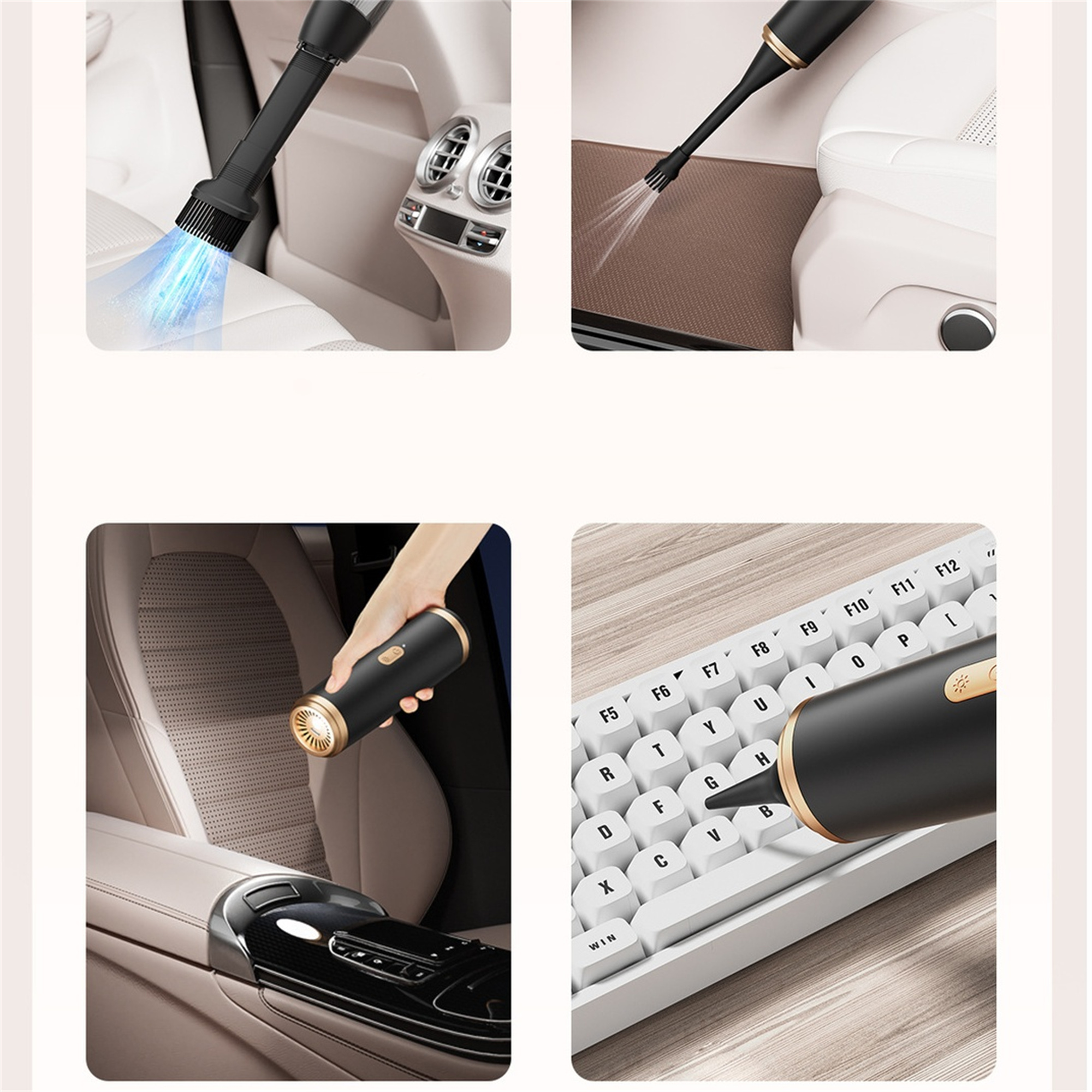 Reinigen des Innenraums eines Autos mit Bürstenaufsätzen, weißer Innenraum und Tastatur.