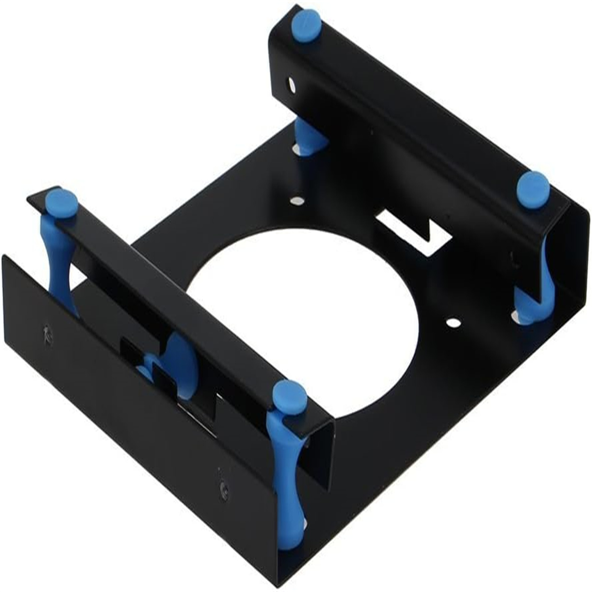 Schwarze Metall-Festplattenhalterung mit blauen Gummihalterungen und kreisförmiger Öffnung.