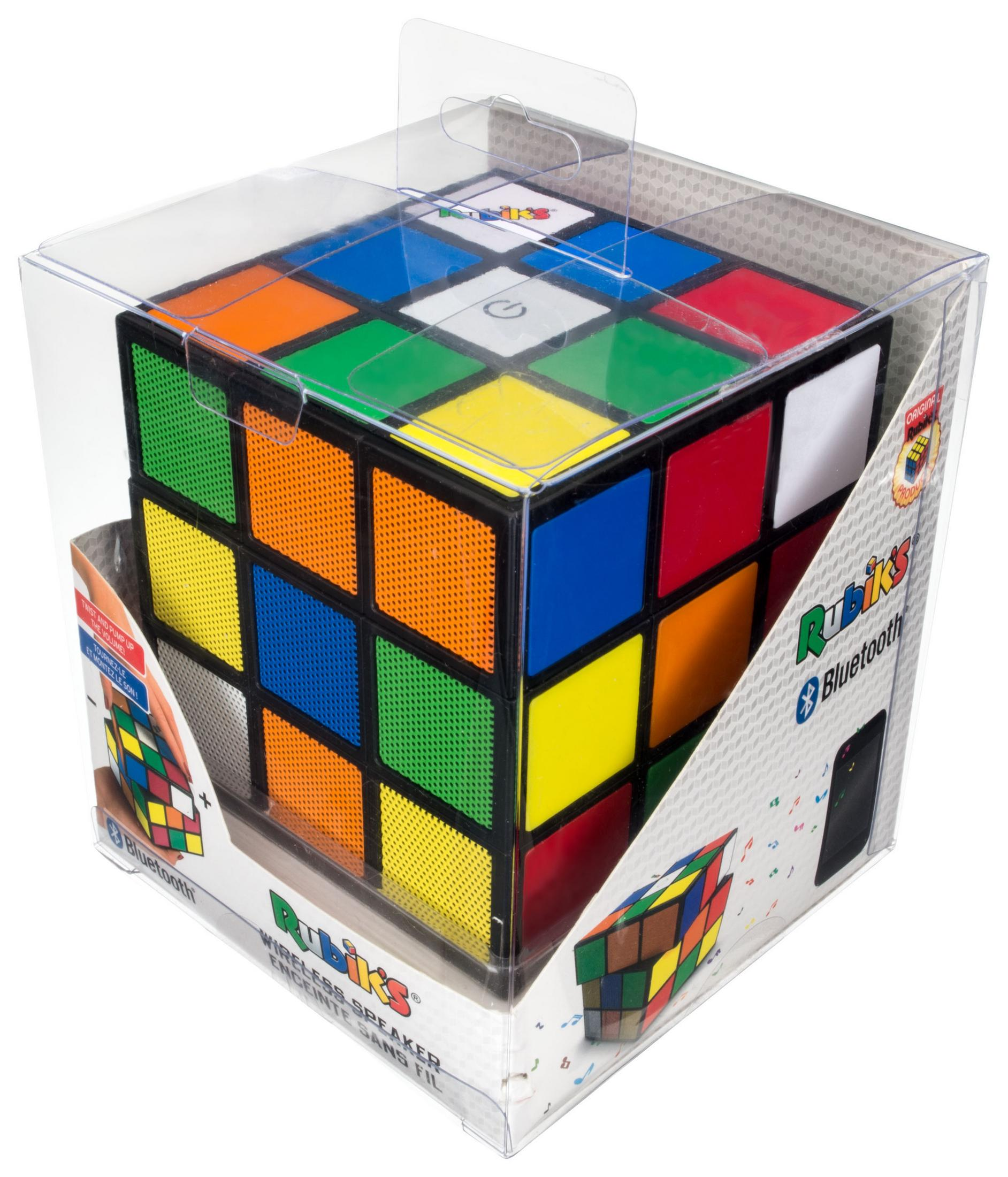 Altoparlante Bluetooth di Rubik in una scatola trasparente. Mostra l'altoparlante.