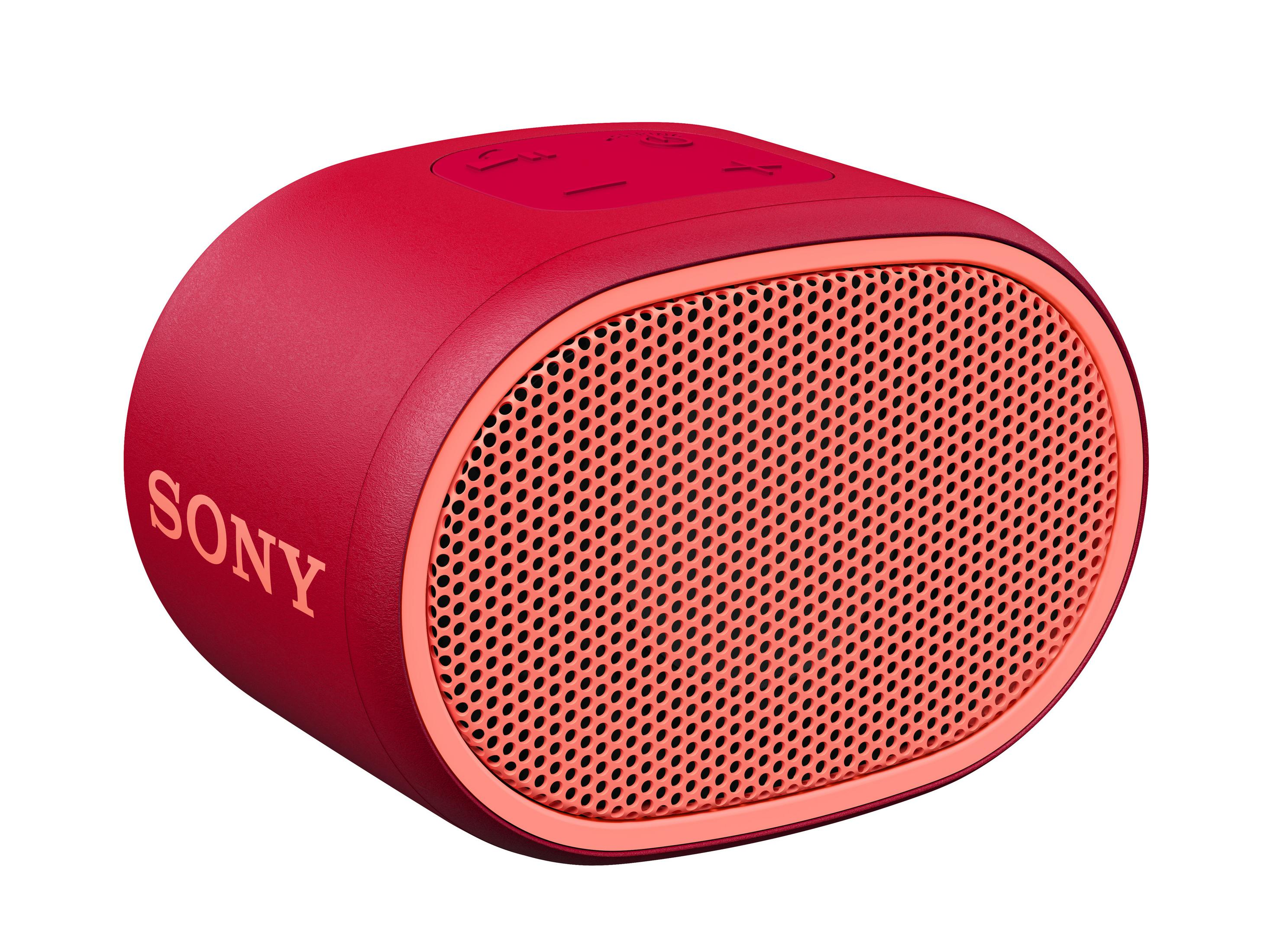 Altavoz Sony rojo con rejilla frontal roja. Diseño redondeado.