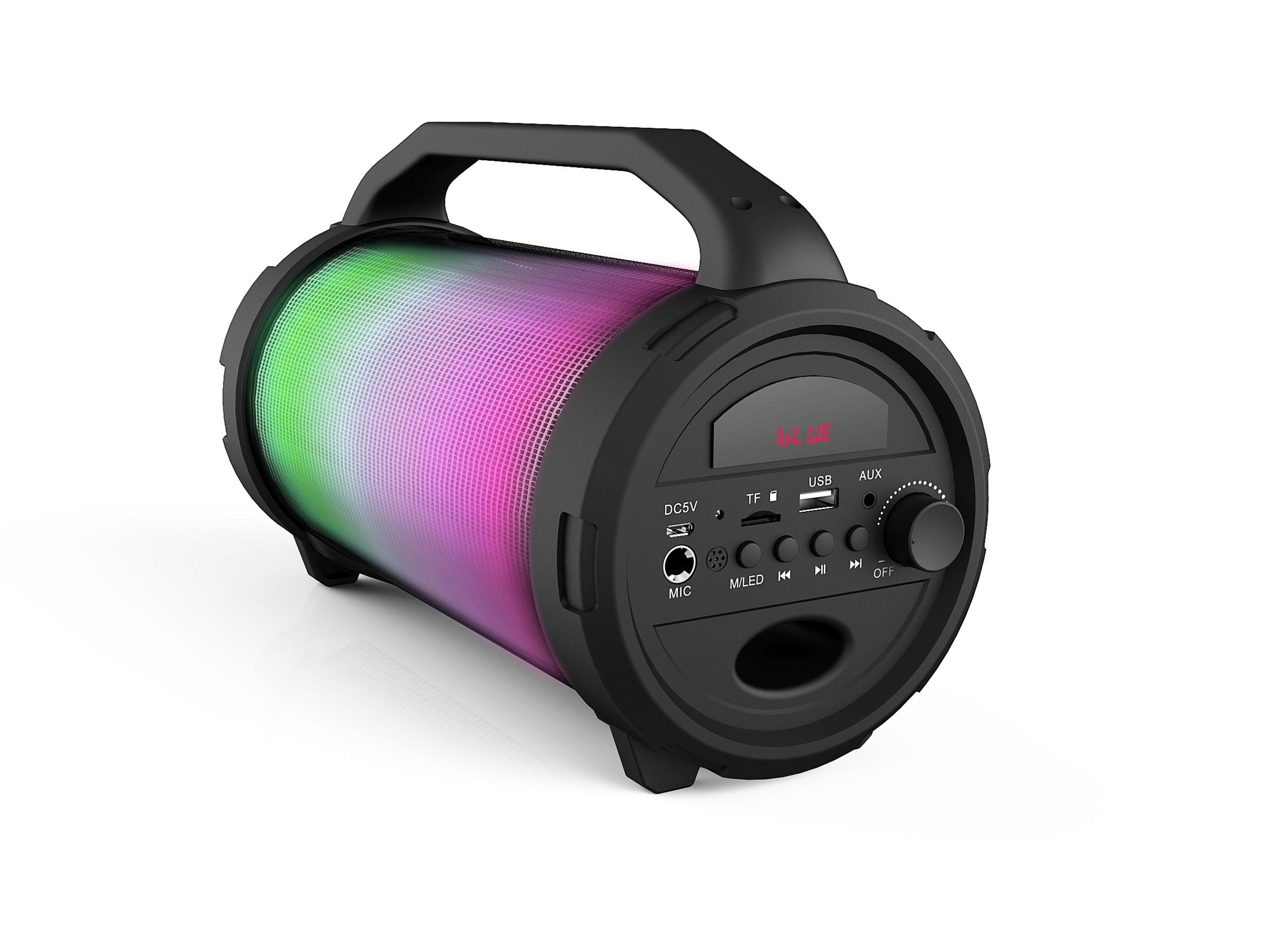 Haut-parleur noir avec lumières colorées, poignée et panneau de commande.