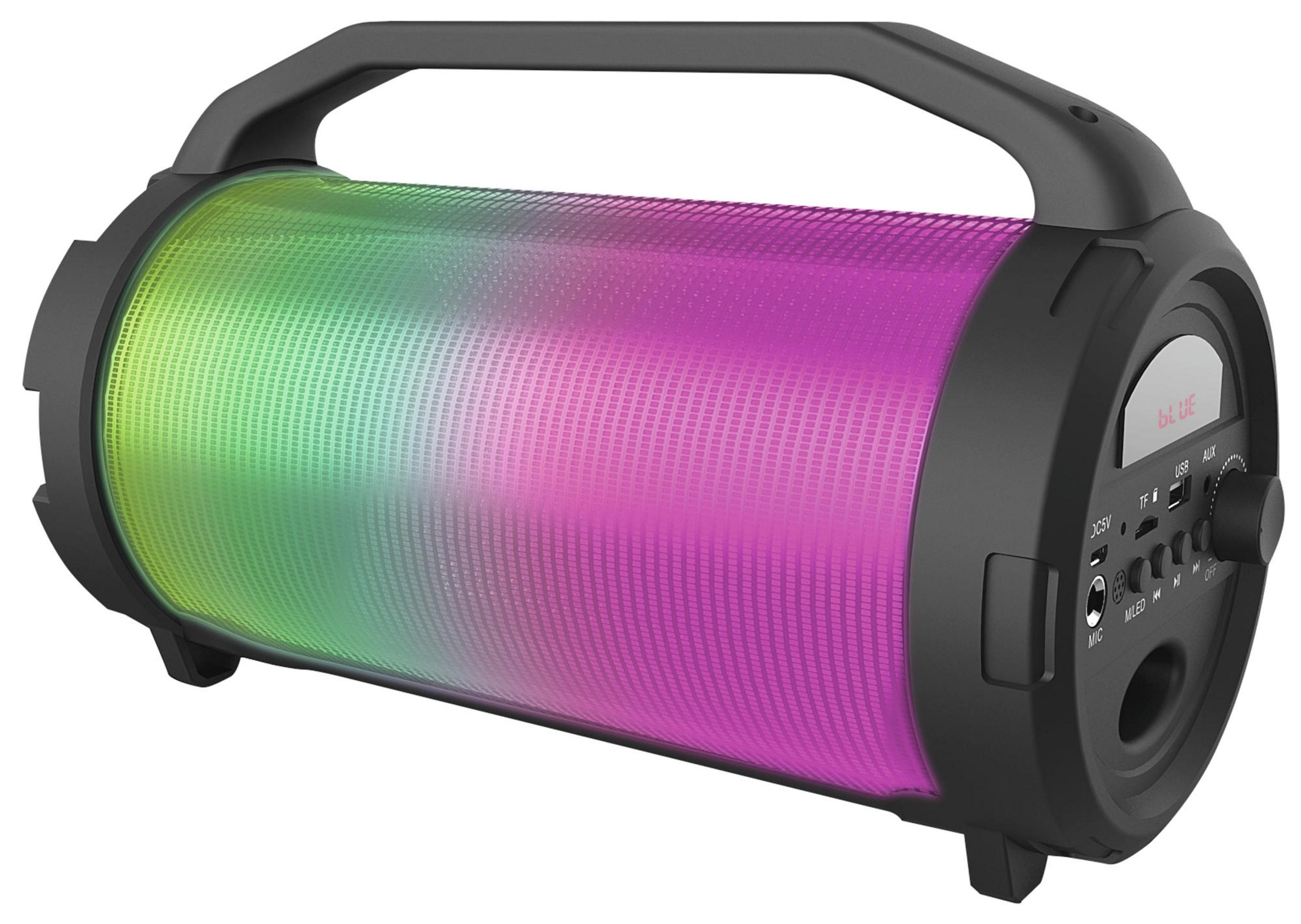 Haut-parleur cylindrique noir avec lumières colorées. Poignée et boutons noirs.
