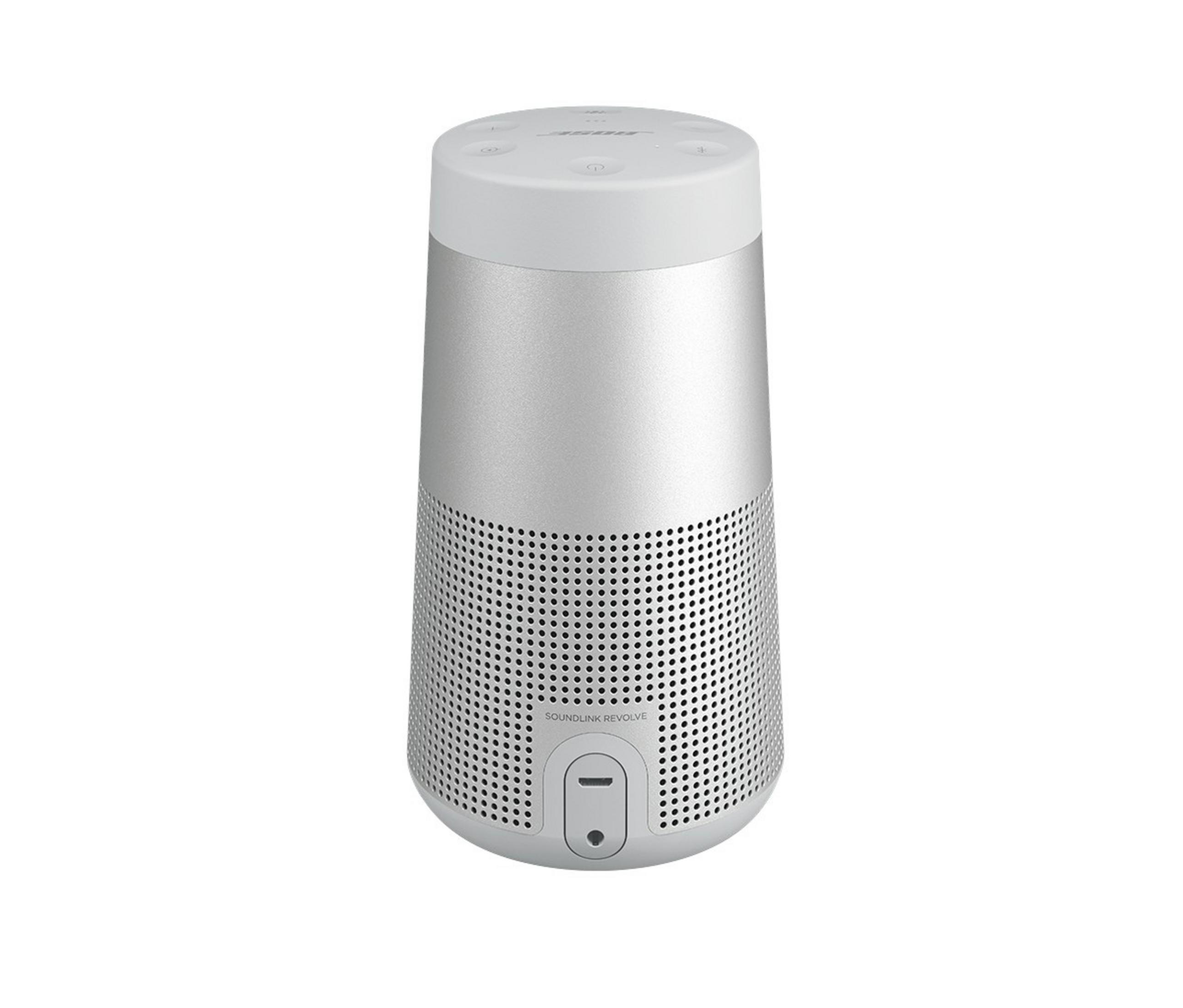 Silber-weißer Bose Soundlink-Lautsprecher, zylindrische Form, weißer Hintergrund.