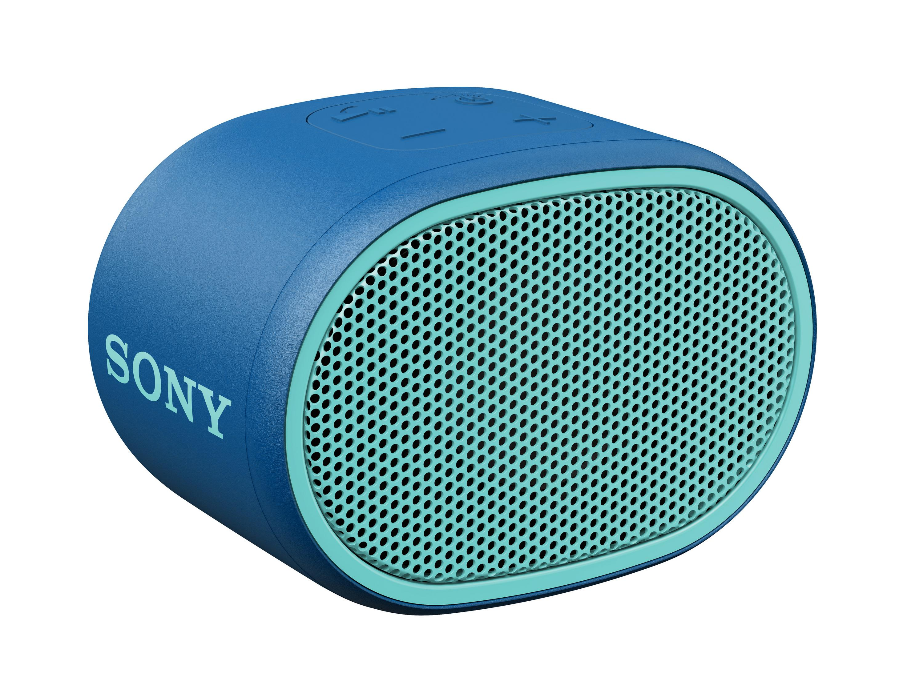 Altavoz ovalado azul y verde azulado con la palabra 'SONY' en el lateral. Botones en la parte superior.