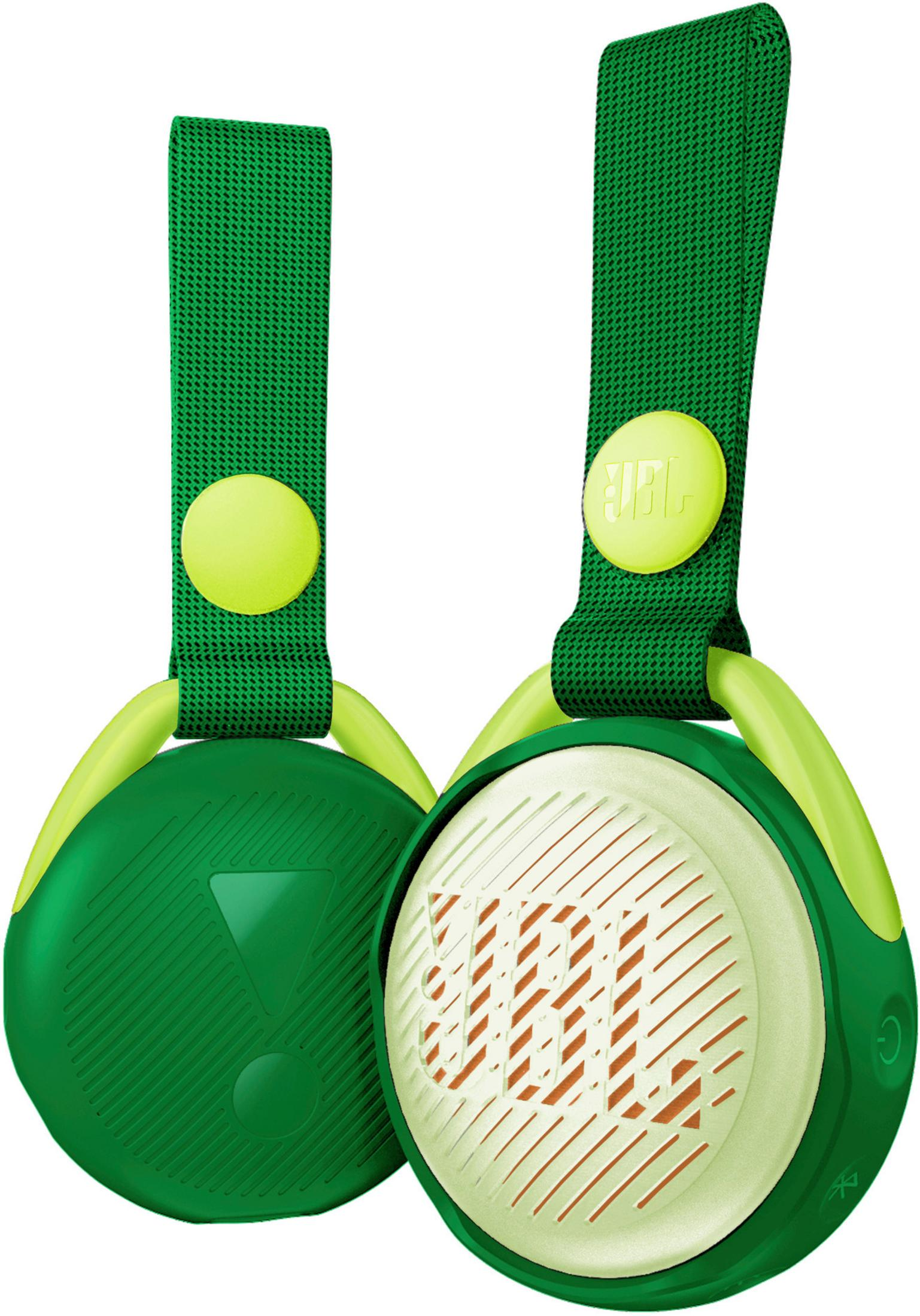 Dos altavoces JBL verdes con acentos verde lima. Cada uno tiene una correa y un botón.