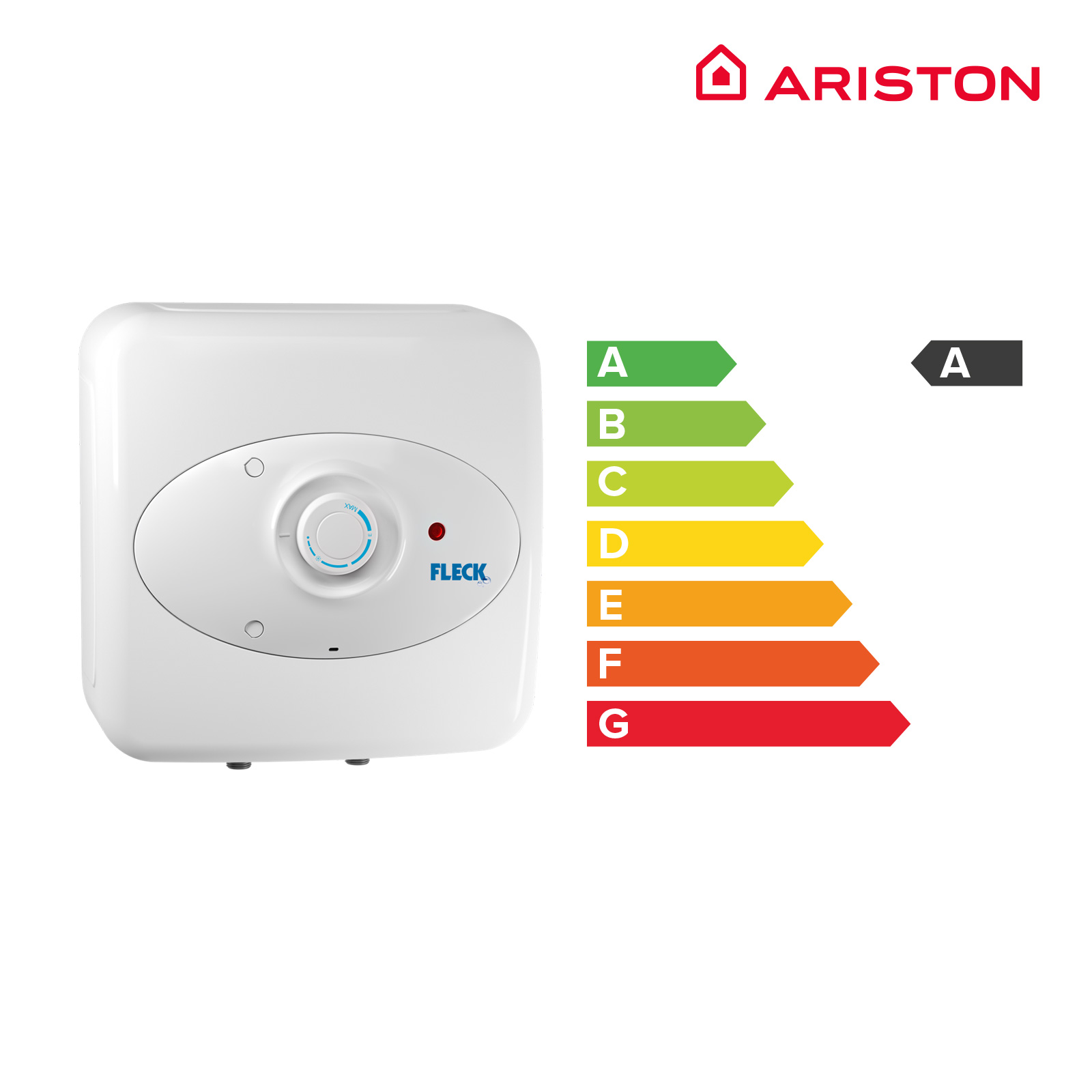 Scaldabagno Ariston bianco con grafico di efficienza energetica accanto.