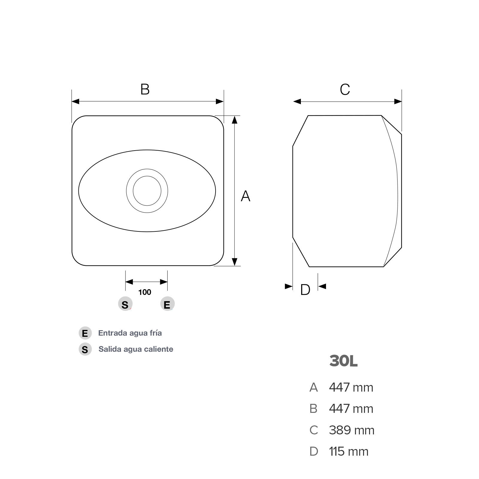 Dibujo técnico de un calentador de agua cuadrado. Incluye dimensiones, texto y etiquetas.