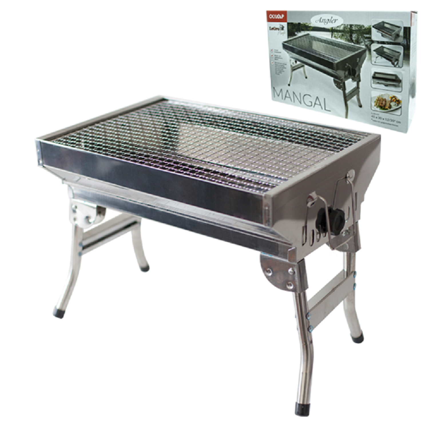 Ein silberner Klappgrill mit Beinen. Eine Schachtel mit dem Bild des Grills ist in der Ecke.