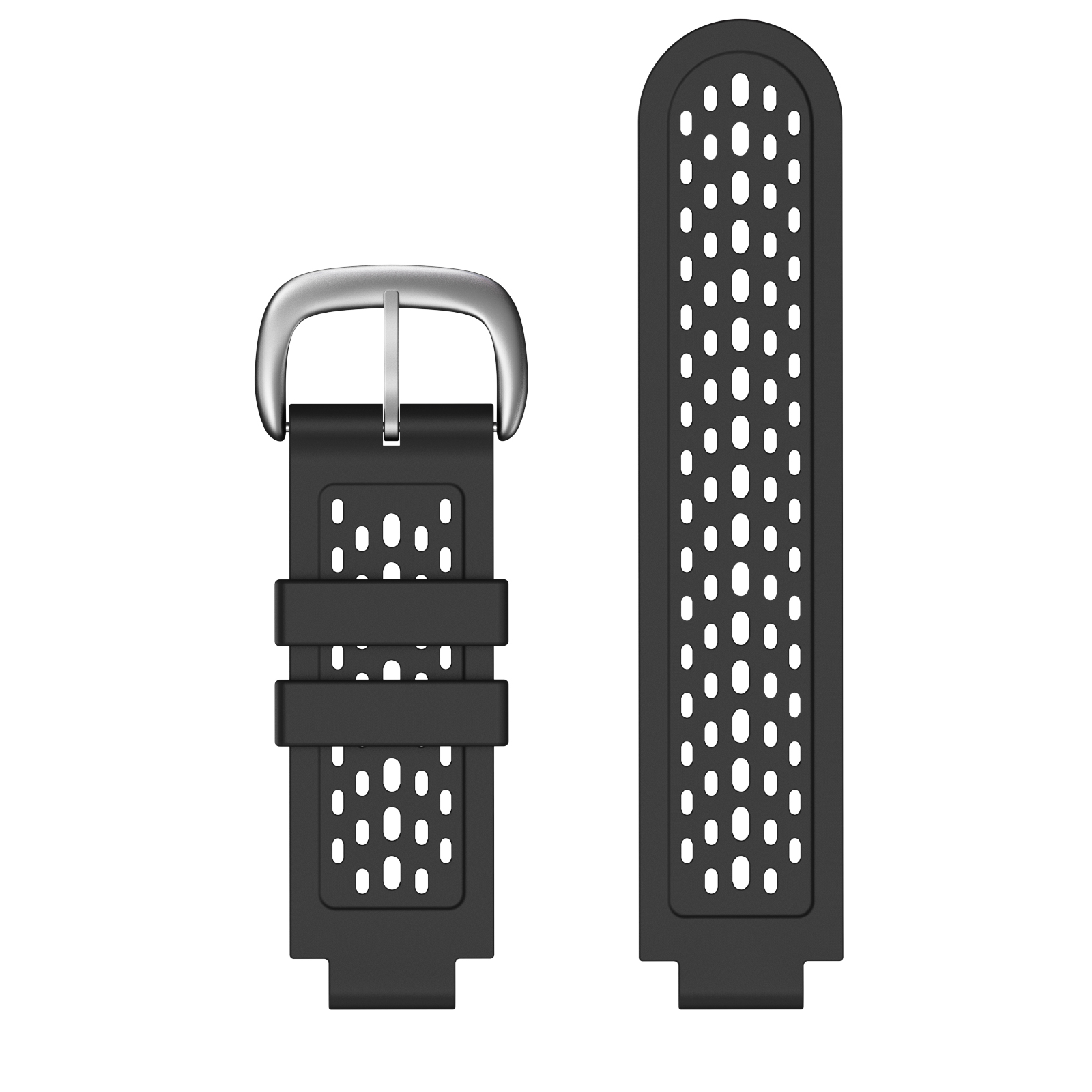 Czarny pasek do smartwatcha z otworami i srebrną klamrą.