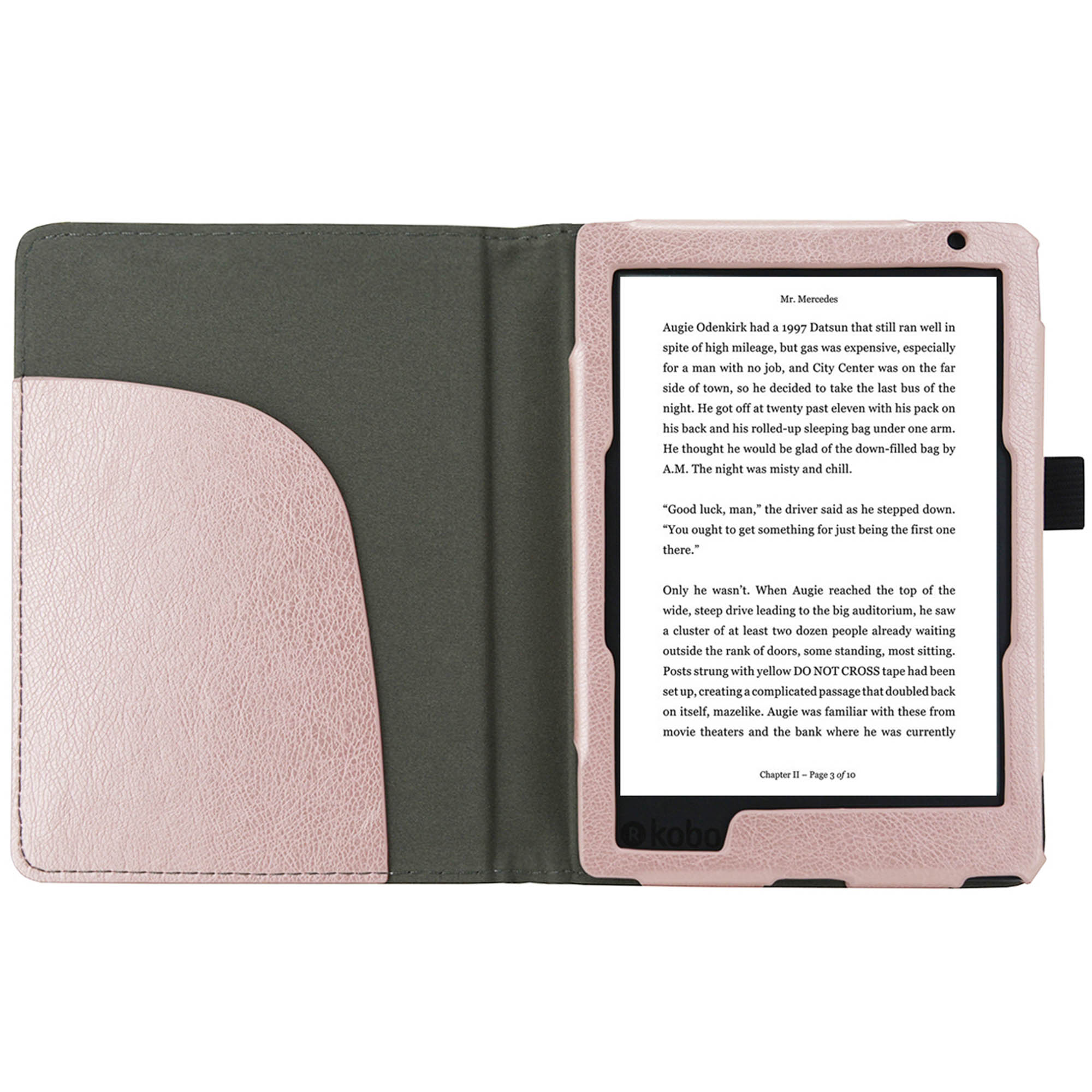 Roze e-reader in een roze en grijze hoes. Tekst op het scherm, open op pagina 3 van 10. De hoes is open.