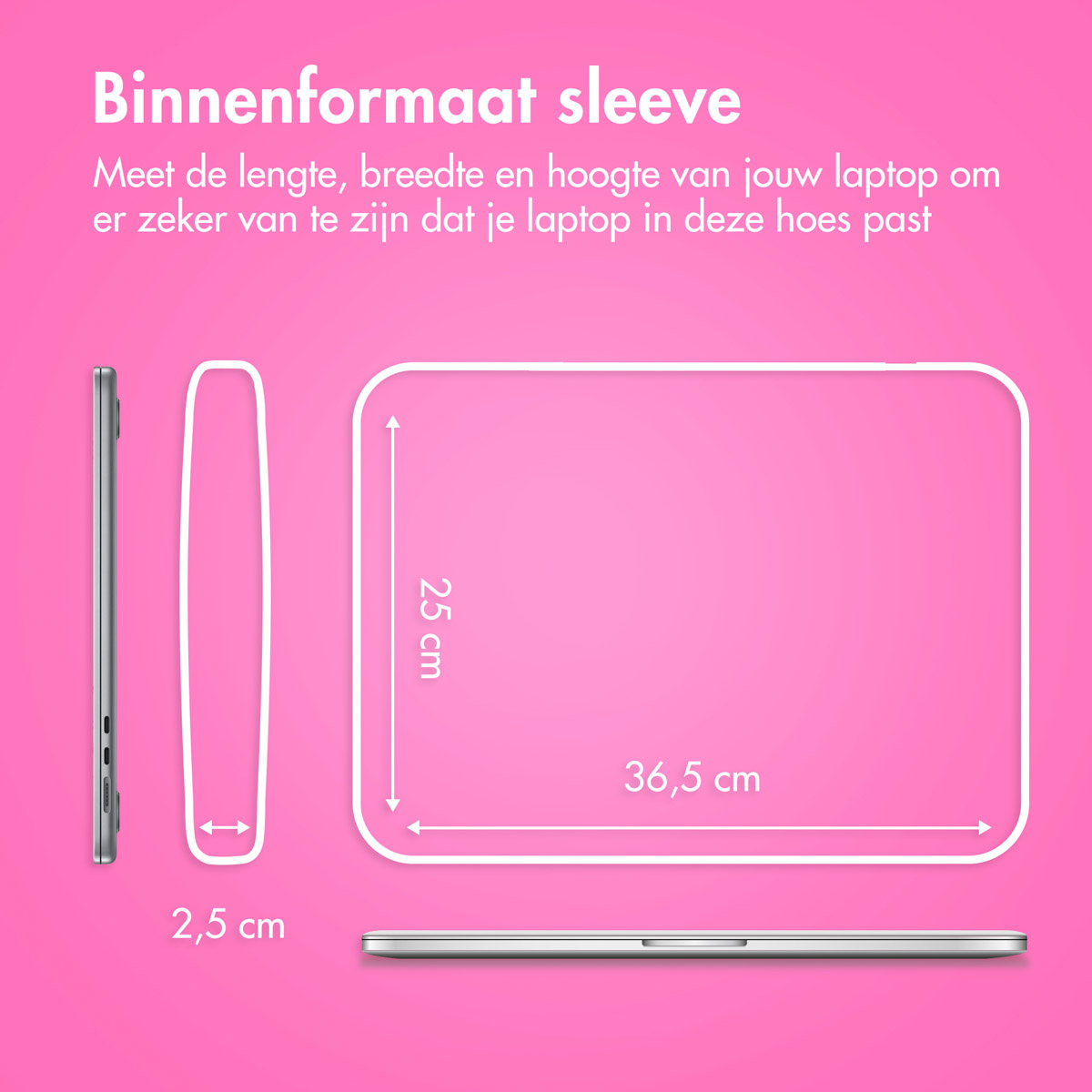Diagram showing laptop sleeve dimensions: 2.5cm thick, 25cm height, 36.5cm width.