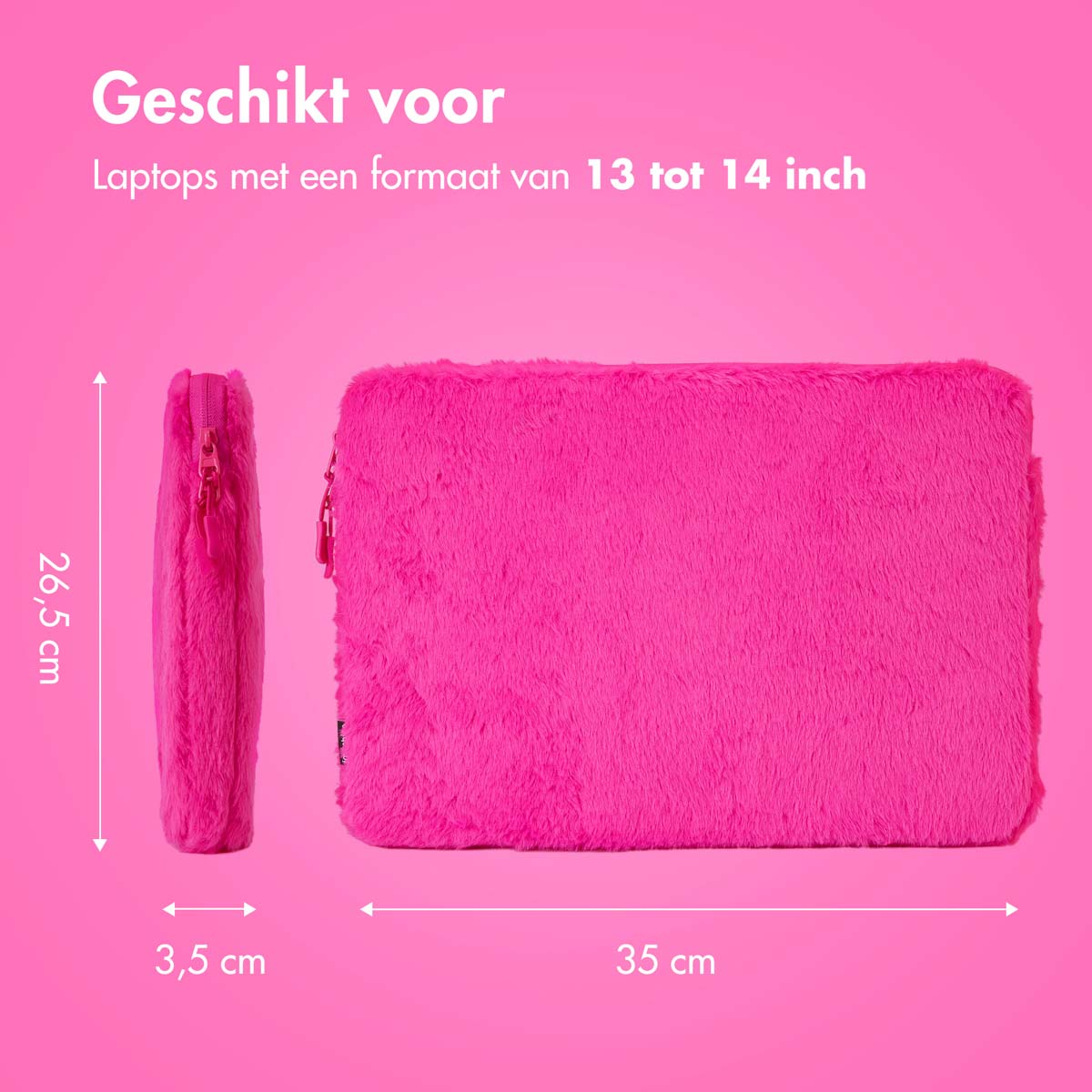 Pink fluffy laptop case with dimensions labeled. Text reads 'Suitable for 13 to 14 inch laptops'.