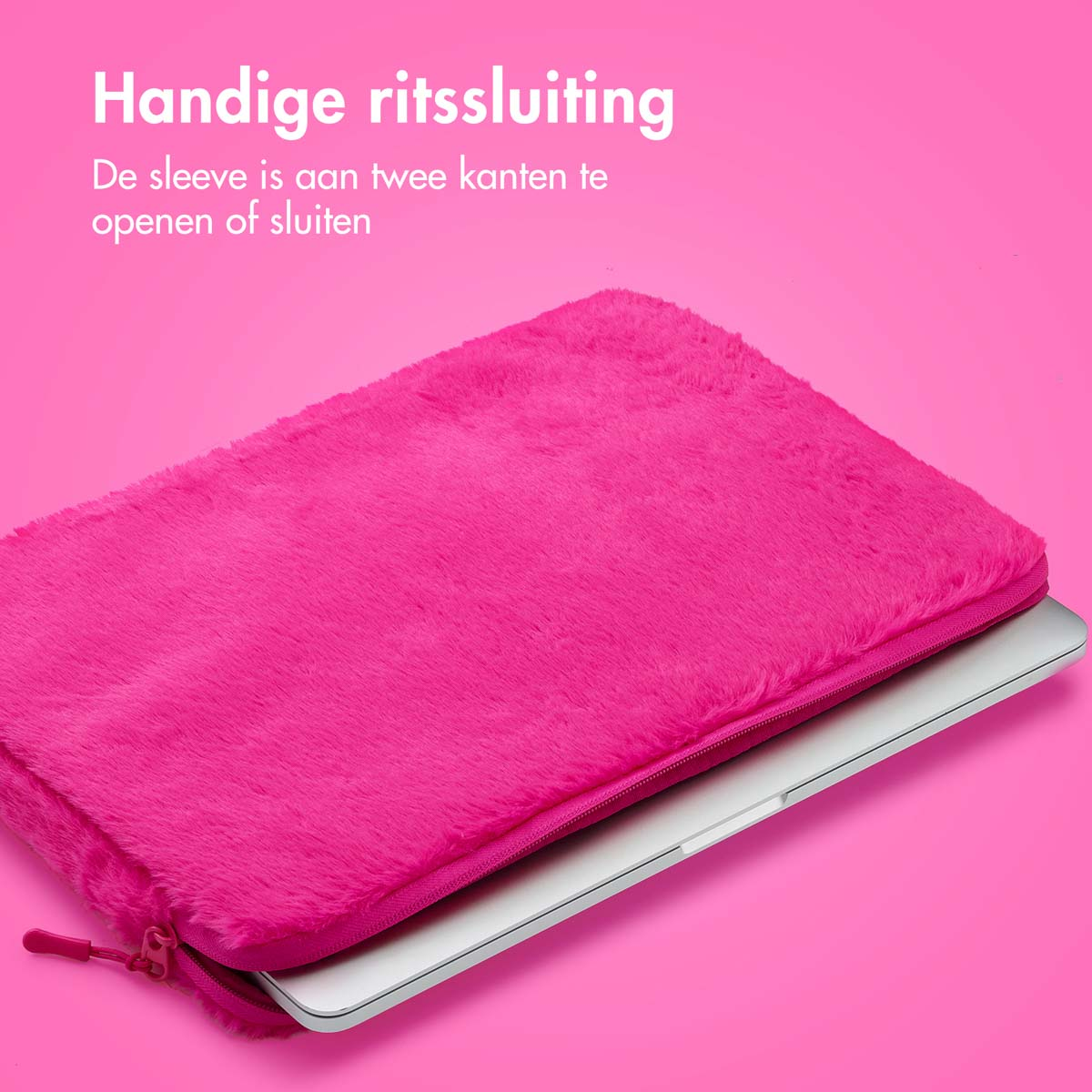 A pink fuzzy laptop sleeve with a zipper. Text says: handy zipper.