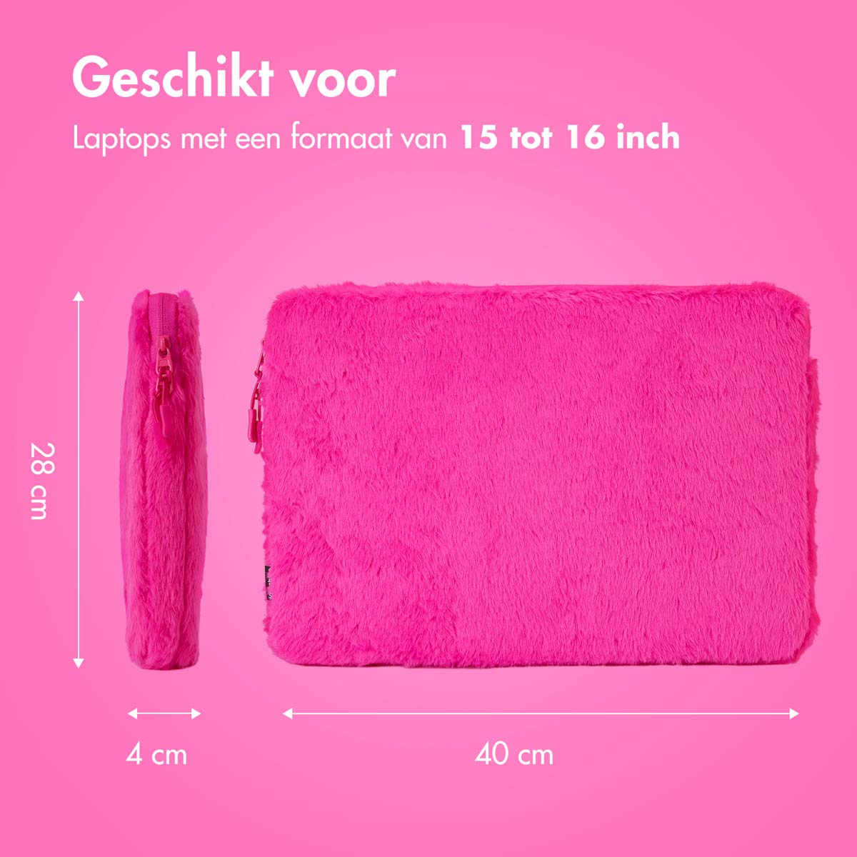 A fluffy pink laptop sleeve with dimensions and text indicating size compatibility.